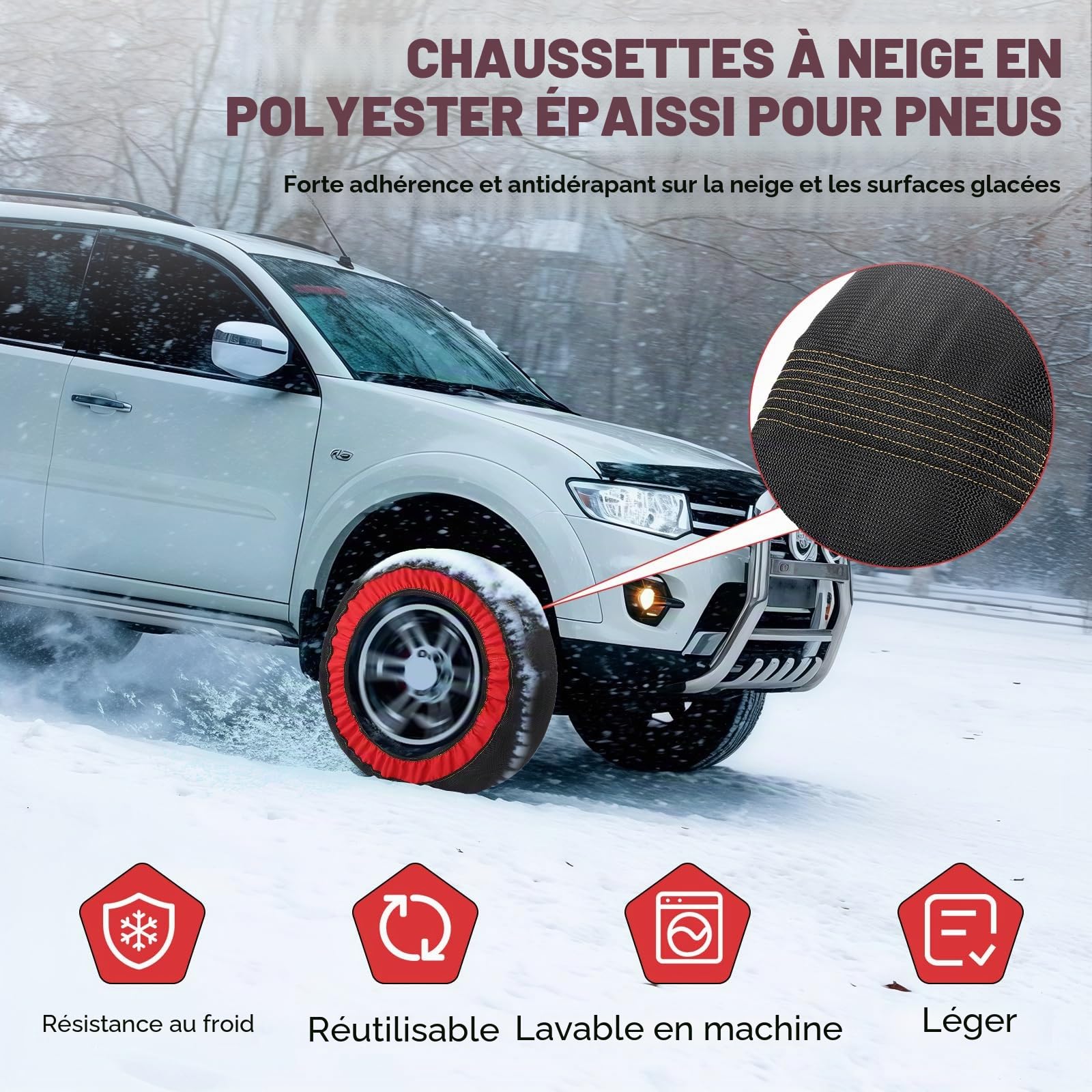 Chaussettes à neige pour pneus de voiture, chaîne neige textile épaissie antidérapante pour une meilleure traction hivernale avec gants et étui de transport pour voitures, SUV et camions universels (4