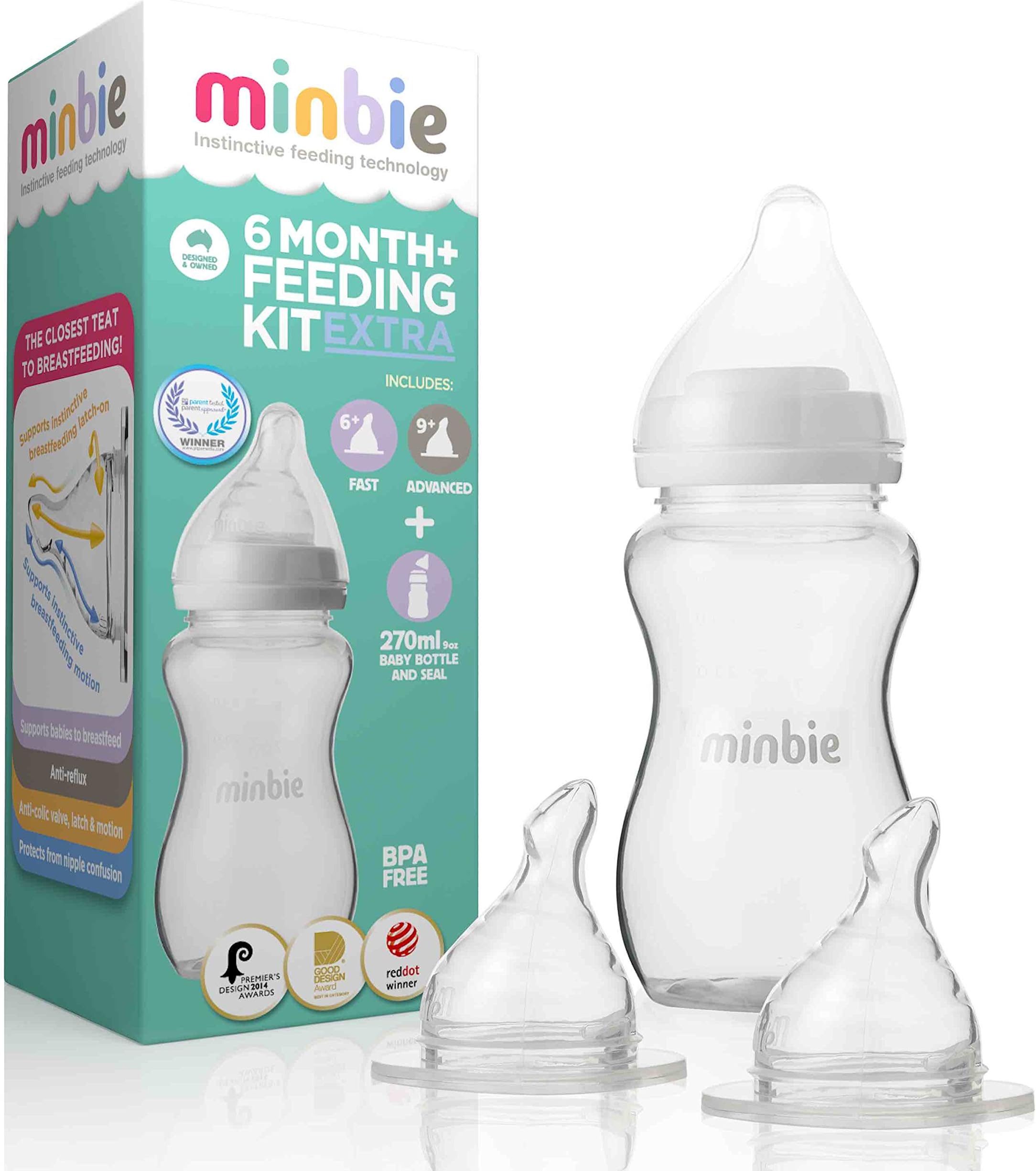 Minbie 6 Month+ Feeding Kit Extra, Includes Both 6+ and 9+ Month Nipples and 9oz Baby Bottle