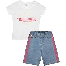 True Religion Girls Jeans Shorts Set Girls Denim Short and Fashion Tee Shirt Clothing Set for Kids