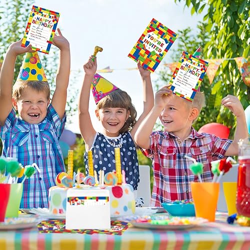 Miniatura 6 de Nezyo Paquete de 60 invitaciones para fiesta de cumpleaños con sobres, bloques de construcción coloridos a granel, invitación de fiesta, ladrillos