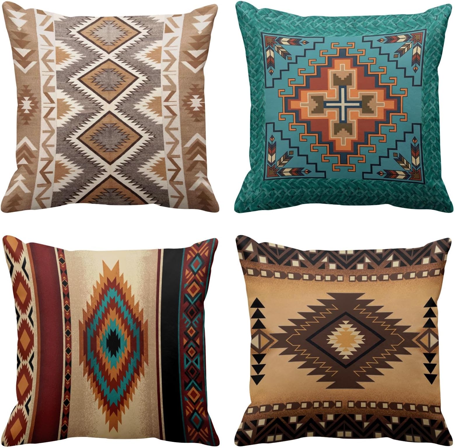 Emvency Set of 4 Throw Pillow Covers Tribal Western Geometric Colorful Nature Color Patterns Turquoise Orange Decorative Pillow Cases Home Decor Square 18x18 Inches Pillowcases