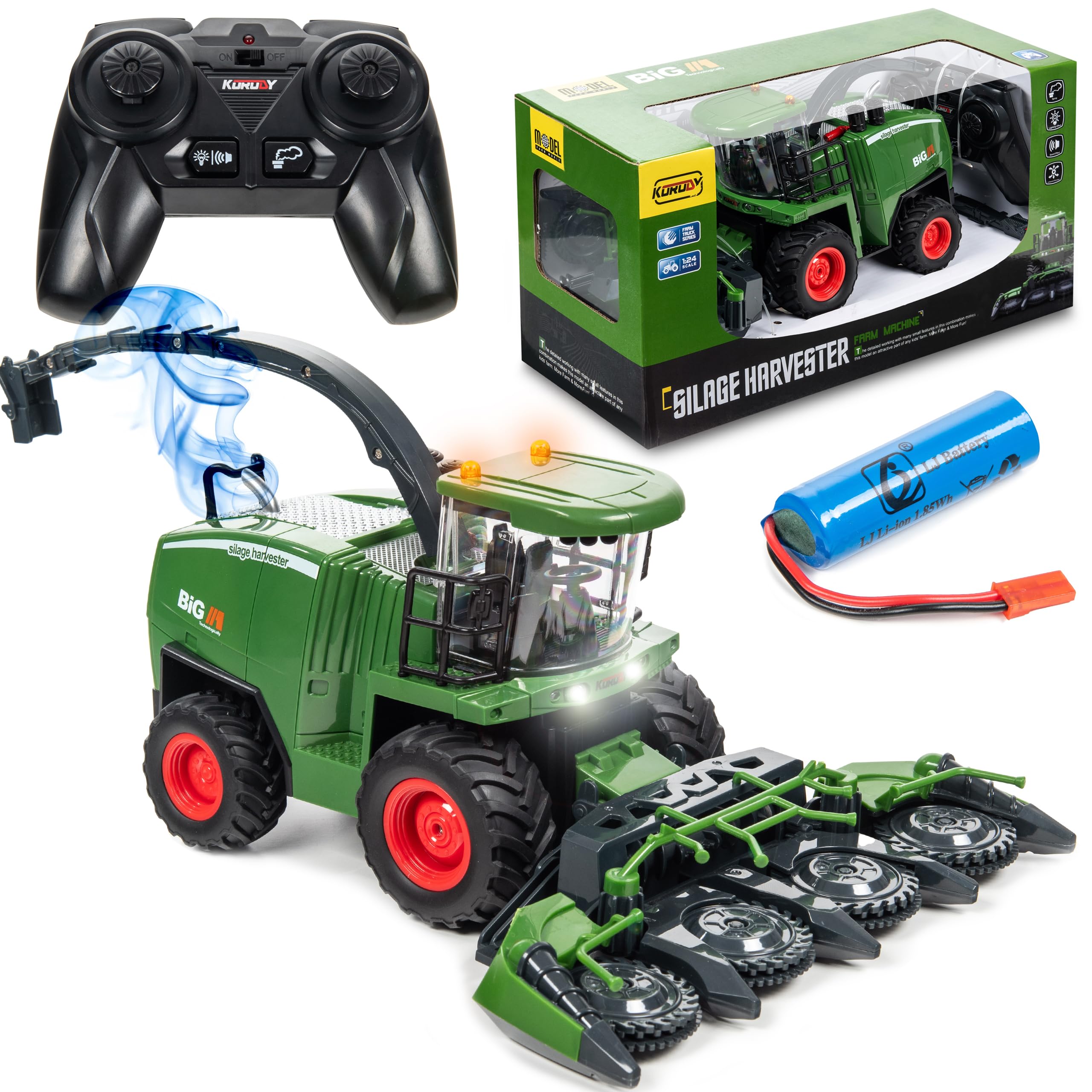 COIL RC Tractor, Farm Tractor, Combine Harvester Truck, Farm Toy, Steam Effect, Remote Controlled, Scale, 1:24, Frequency: 2.4 GHz, Sound, Light, Green