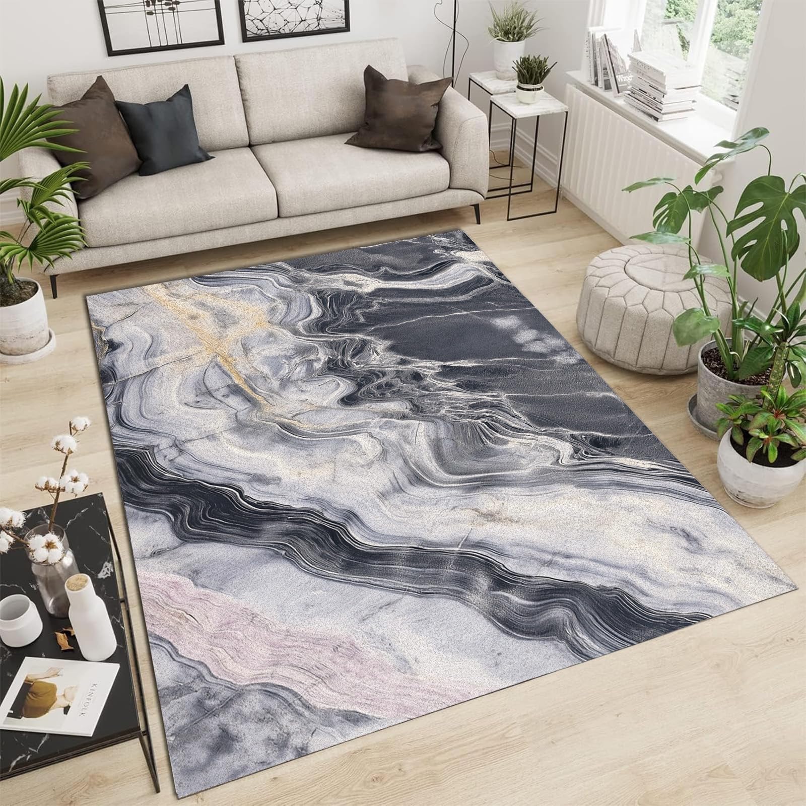 Tapis de salon gris anthracite en marbre moderne 240x300 cm poil ras