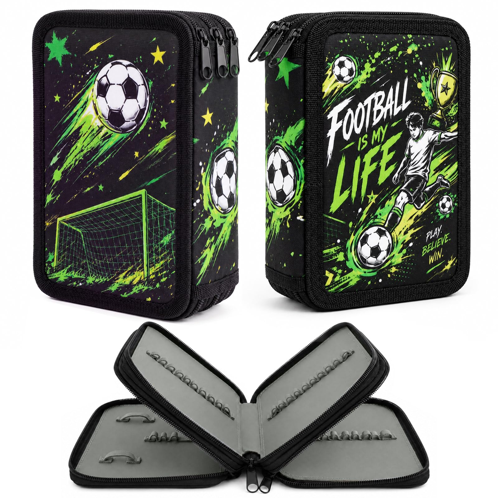 ComPDCVD Pencil Case 3 Compartments Large Pencil Case for Girls and Boys Pencil Case for Teenagers and Adults, Black Soccer 2, 21x14x6.5 cm, Pencil case