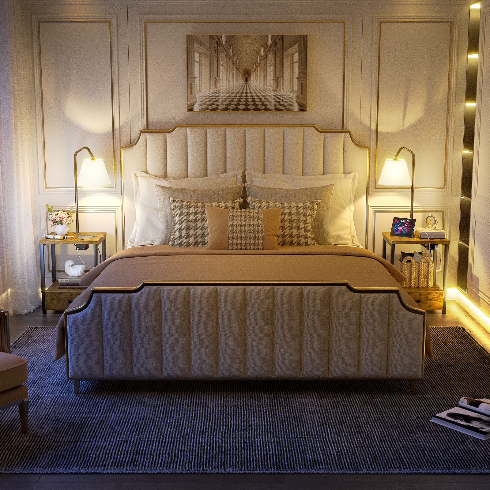 LityMax LED Floor Lamp with Table, Rustic Bedside Nightstand with