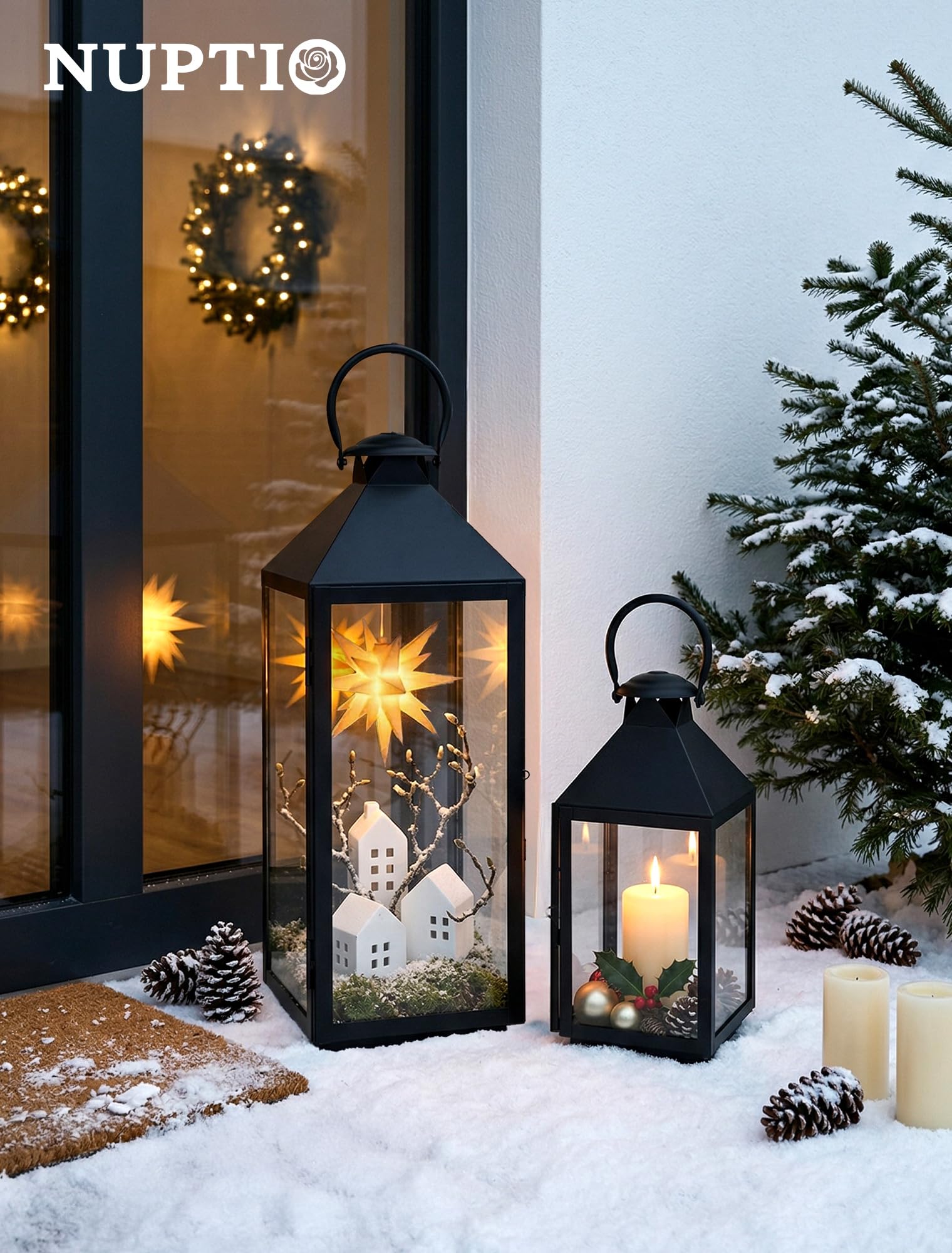 NUPTIO Grande Lanterne Lanternes D'extérieur: 48cm de Haut Lanterne de Jardin Lanterne D'extérieur Lanterne Décorative XXL Résistante Aux Intempéries Métal Noir avec Verre Lanterne Funéraire Colonne