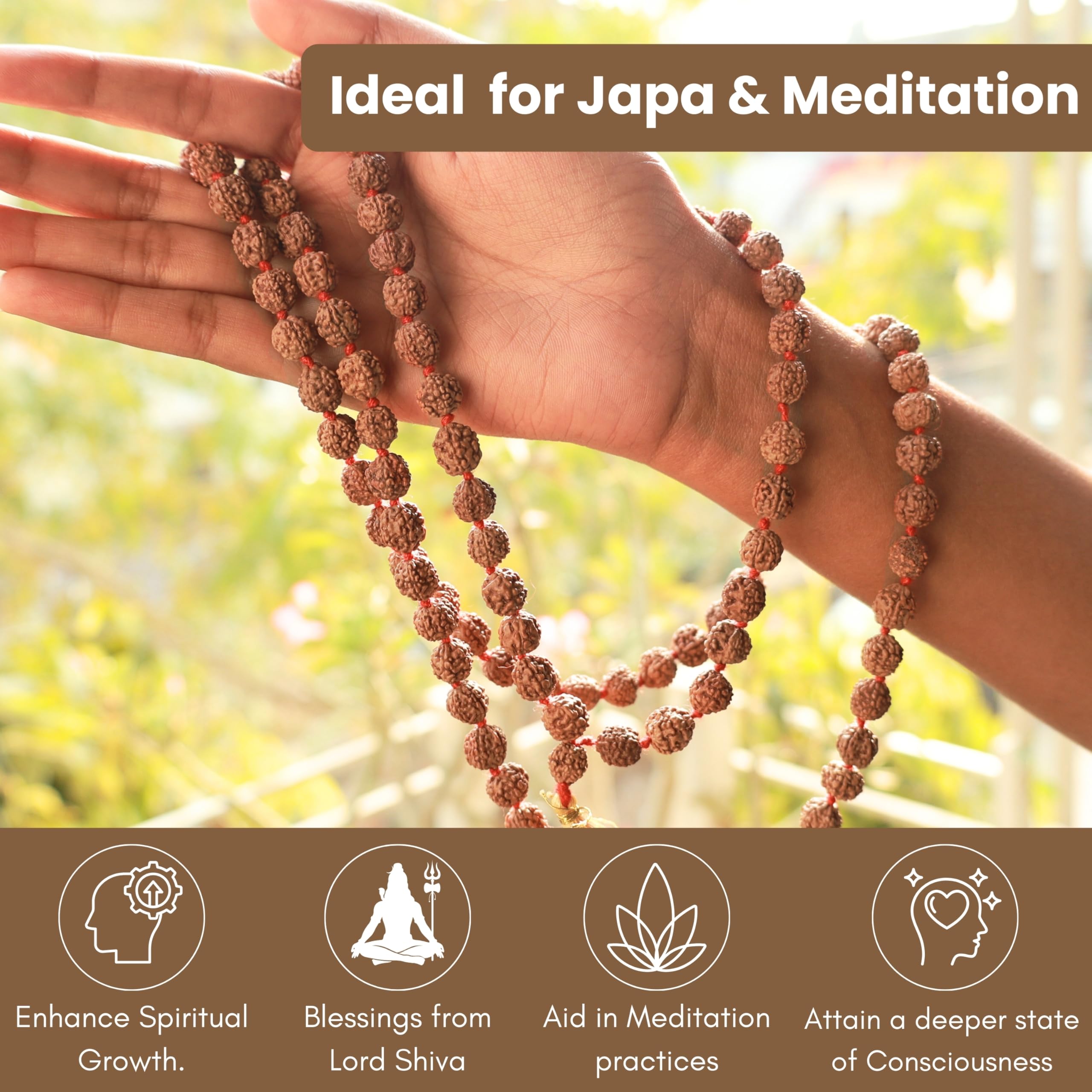 Vado 5 Mukhi Rudraksha Mala 108 Panchmukhi Beads with Certificate 9mm (Brown) 3