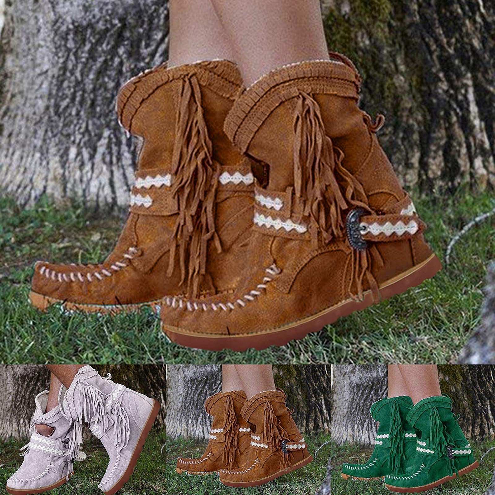 Stiefeletten Damen Flache Knöchelstiefel mit Fransen Ankle Boots Retro Herbst Winter Schuhe Wildleder Stiefeletten Halbhoch Stiefel Schlupfstiefel Elegant Plateau Fransenstiefel