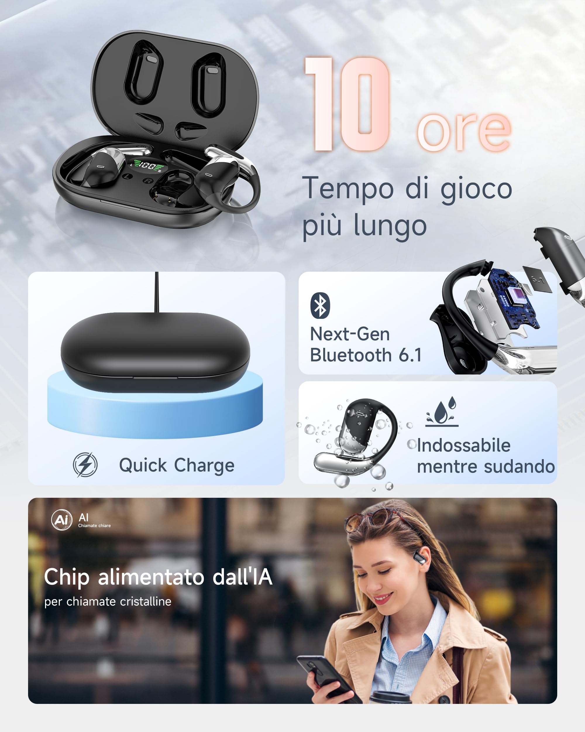 Cuffie Bluetooth Auricolari Bluetooth 6.1, 2026 Sport Cuffiette Wireless, Cuffie Open Ear 60 Ore di Riproduzione, Cuffie Senza Filo HiFi Stereo IP7 Impermeabili, Auricolare Bluetooth per iOS & Android