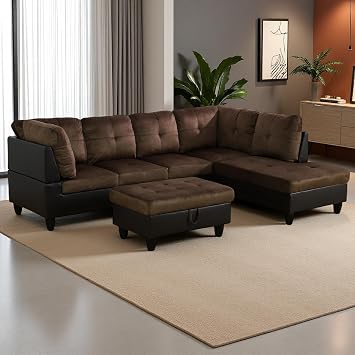 NicBex Modular L-Shaped Sectional Couches, 3-Piece Convertible Couch with Storage Ottoman, 4-Seat Comfy Sofa with Chaise for Living Room & Apartment, Brown Black