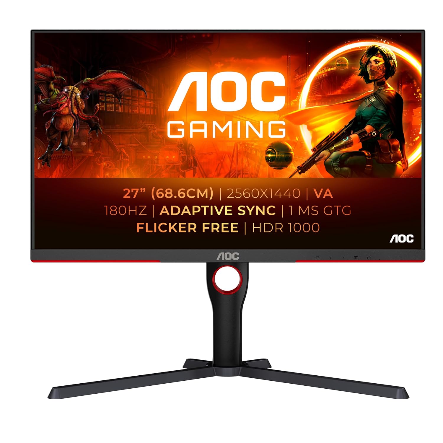 AOC Gaming Q27G3XMN - 27 Inch QHD Monitor, Mini LED, 180Hz, 1ms, GTG, HDR1000, Height Adjust, G-manu (2560 x 1440, 700 cd/m, HDMI 2.0 / DP 1.4) - Image 2