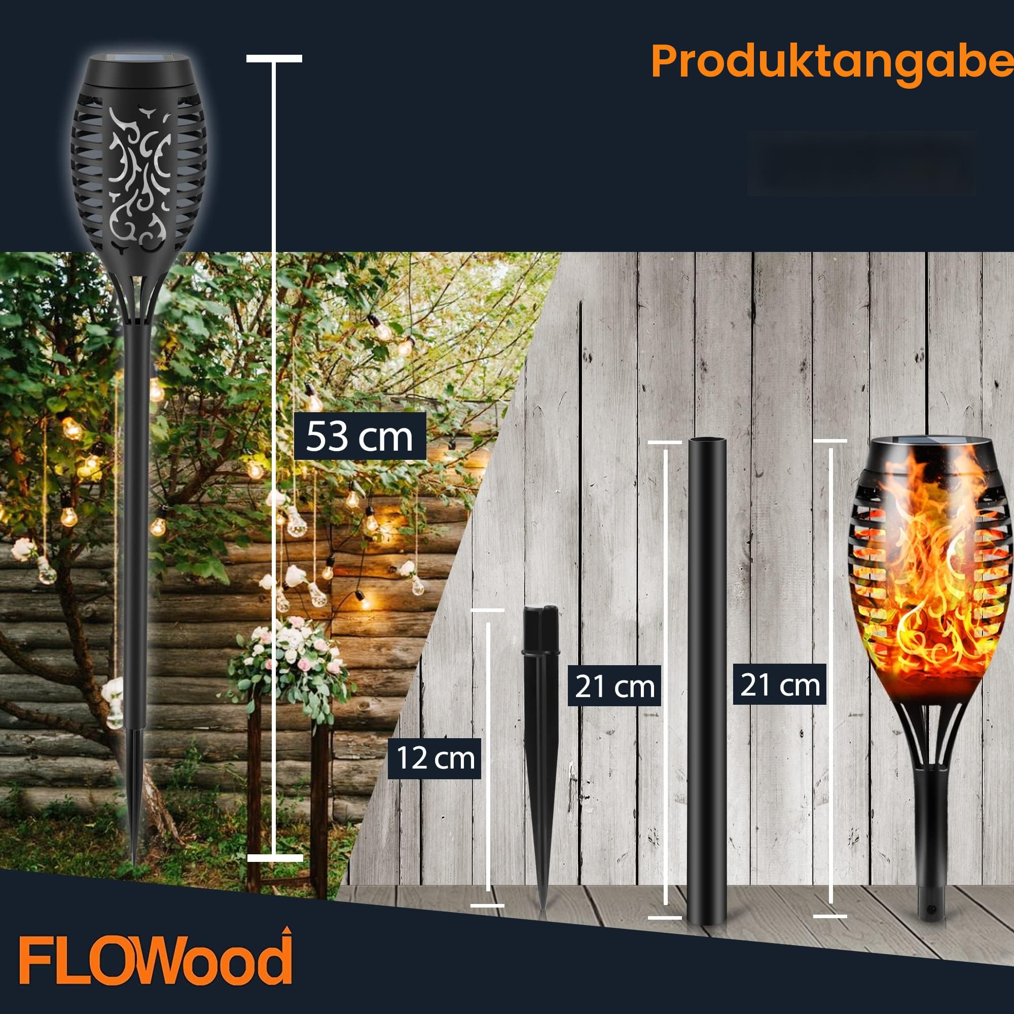 FLOWood Solarleuchten für Außen Garten, 6 Stück, 12LED Solarlampe für Außen Solar Fackel Gartenfackeln, IP65 Wasserdicht Solarlampe, Weg, Hinterhöfe, Rasen1, Flame