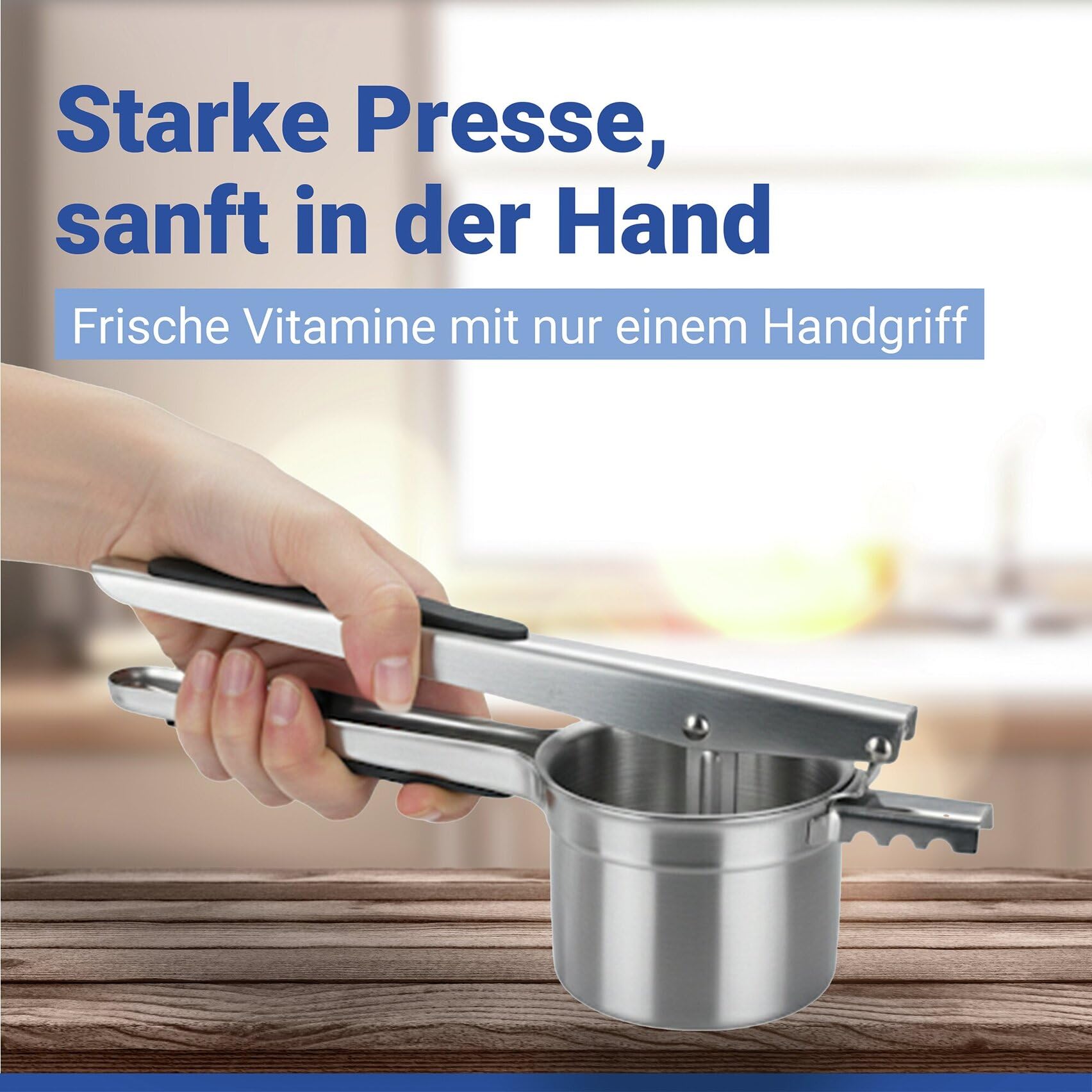 Multi-Presse XL aus Edelstahl, große Kartoffelpresse und Küchenpresse mit 4 Einsätzen, 330 ml Volumen, rutschfeste Silikon-Griffe, spülmaschinengeeignet