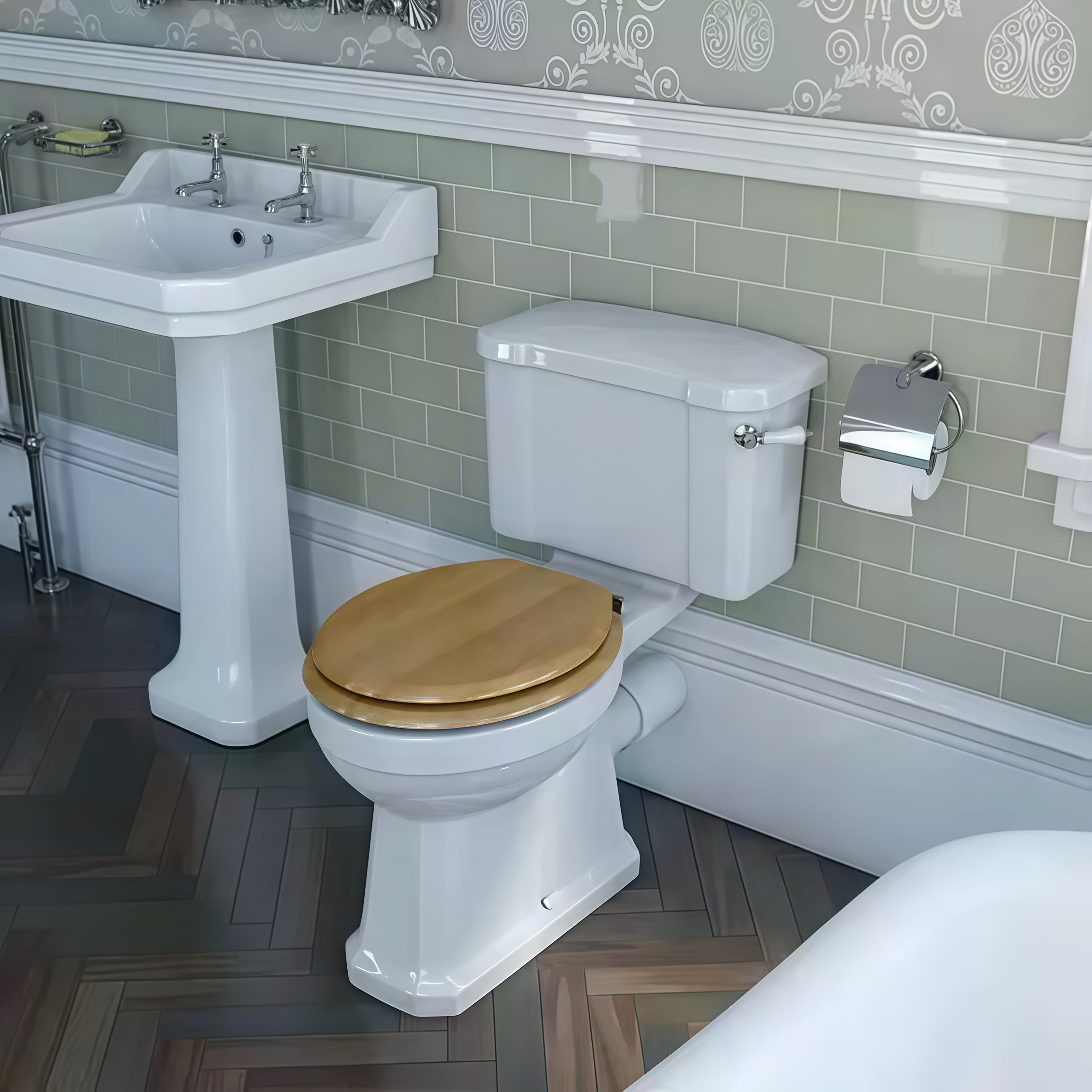 RETRO WC Juego de inodoro empotrado cerrado, parabrisas blanco, asiento de inodoro de liberación rápida de cierre suave con diseño de efecto de madera, salida horizontal/vertical