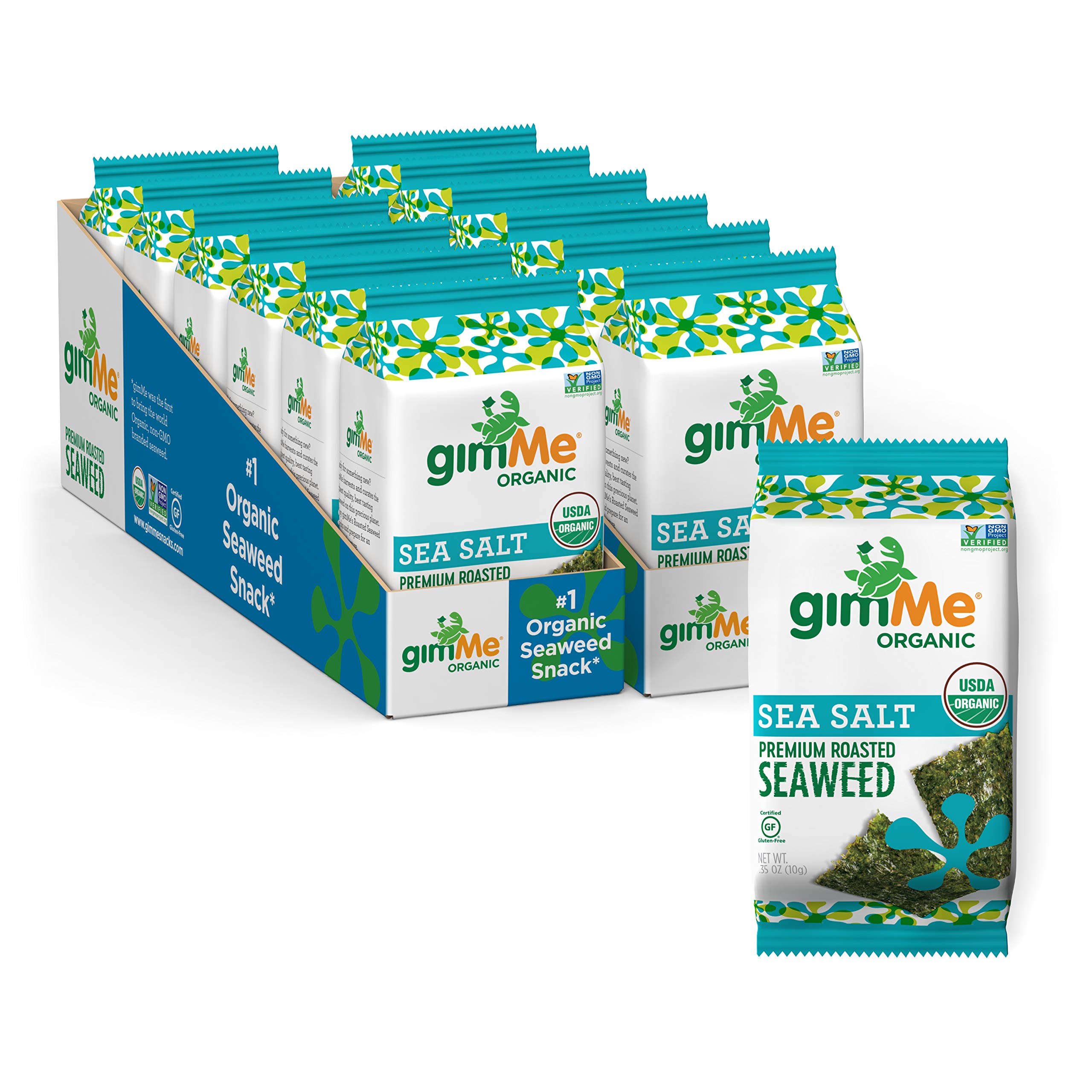 Sea Salt , 0.35oz (10 Gram) 12 Count : gimMe Snacks Organic Premium Roasted Seaweed, Sea Salt, 0.35 Ounce (10 g) - (Pack of 12)