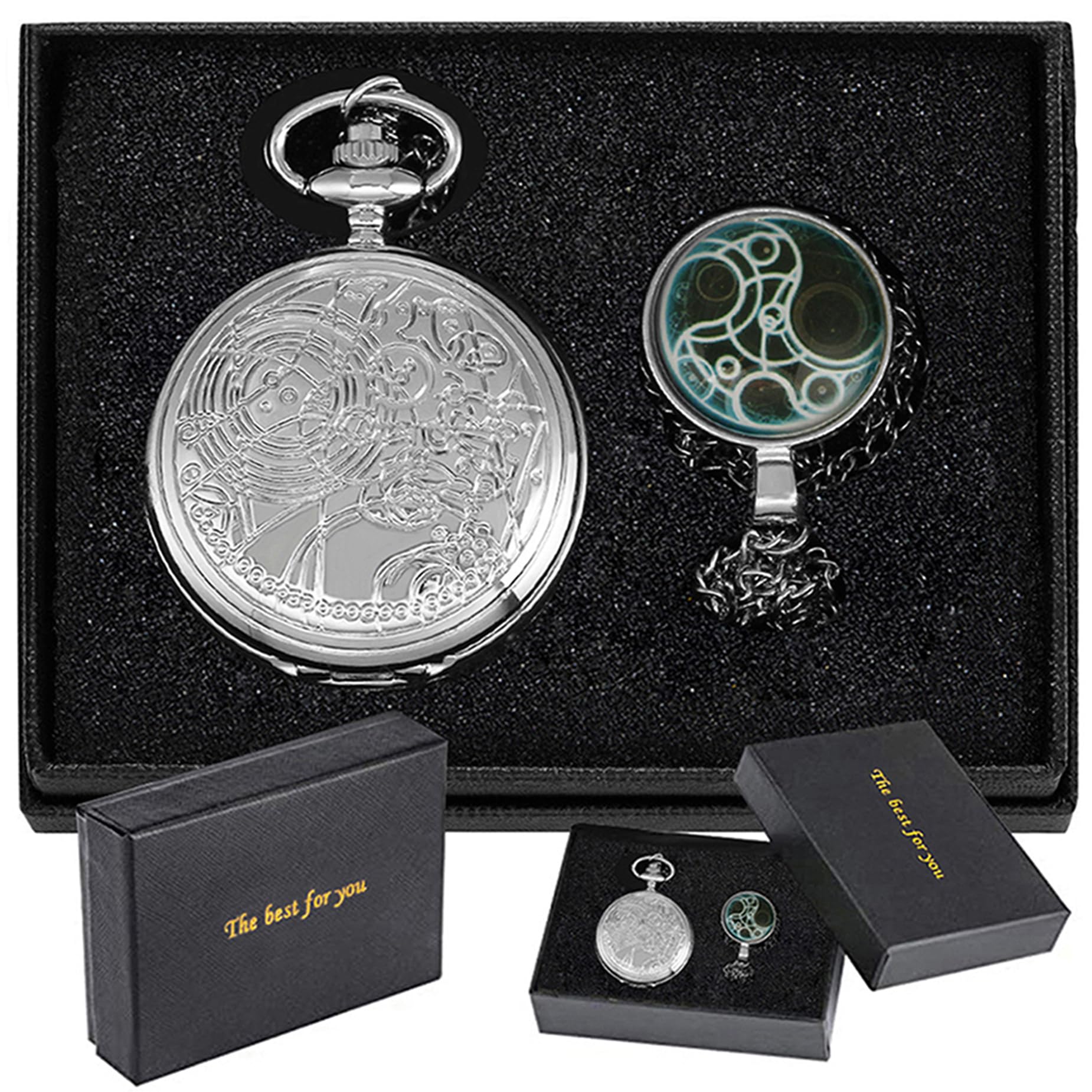 Tiong Retro Nostalgia Quartz Pocket Watch with Necklace Chain Blue Pendant &amp; Gift Box (Green)