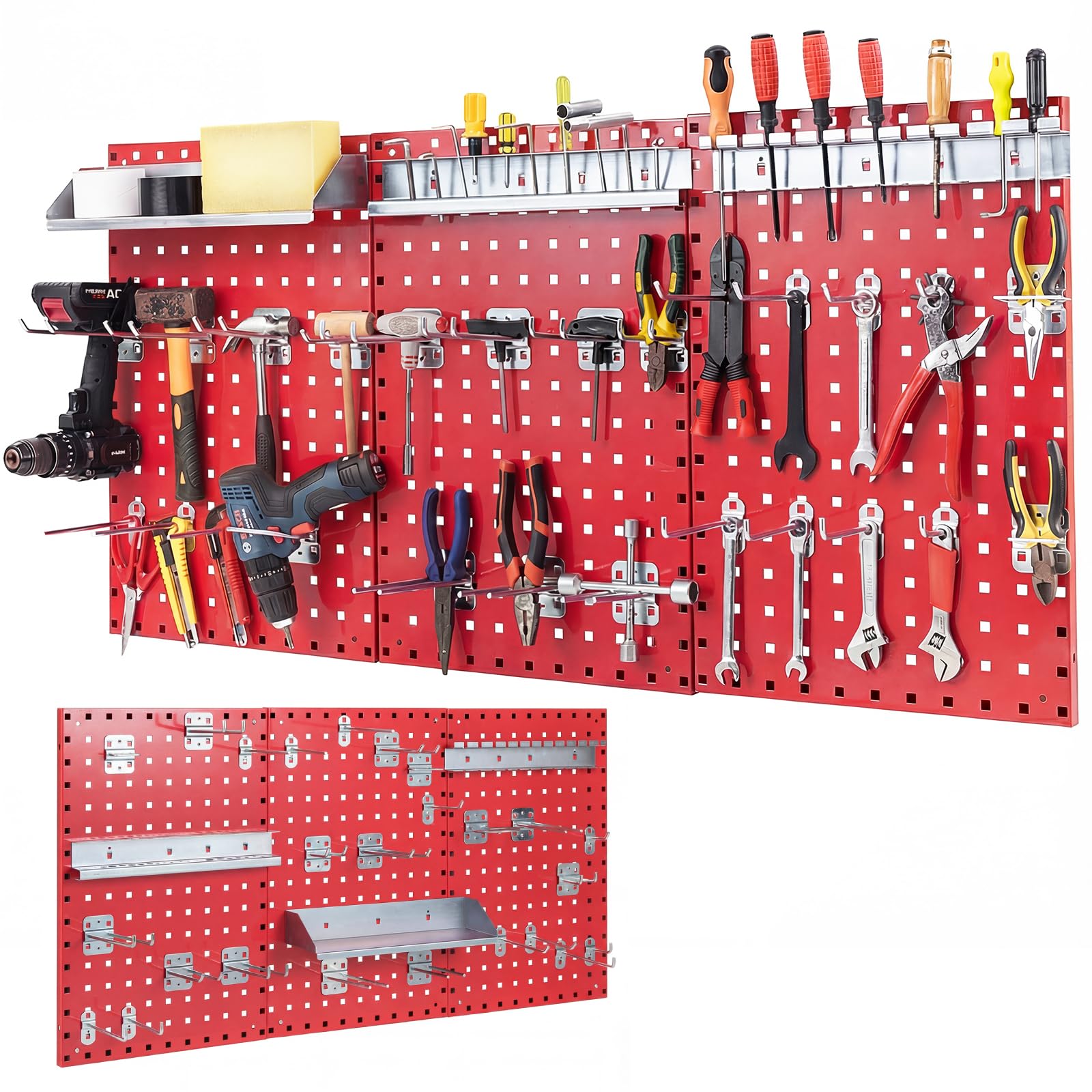 TANGZON Pegboard Wall Organizer Kit, Wall-Mounted Metal Tool Rack Organizer, Multifunctional Perforated Tool Storage Holder for DIY Garage Workshop (with 3 Pegboards & 28 Hanging Accessories, Red)
