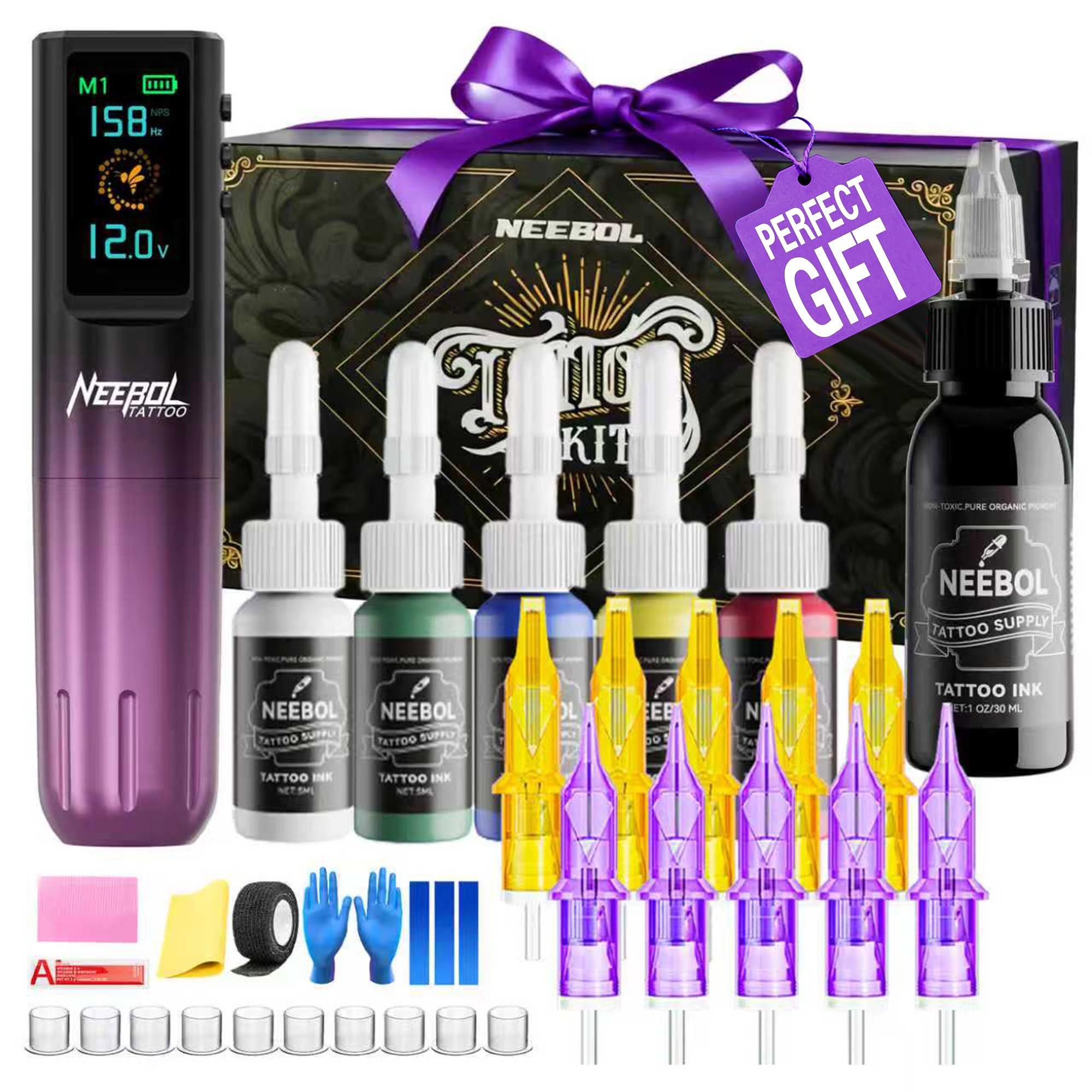 Neebol 1600mAh Wireless Tattoo Gun Kit, Complete Tattoo Kit for Beginners