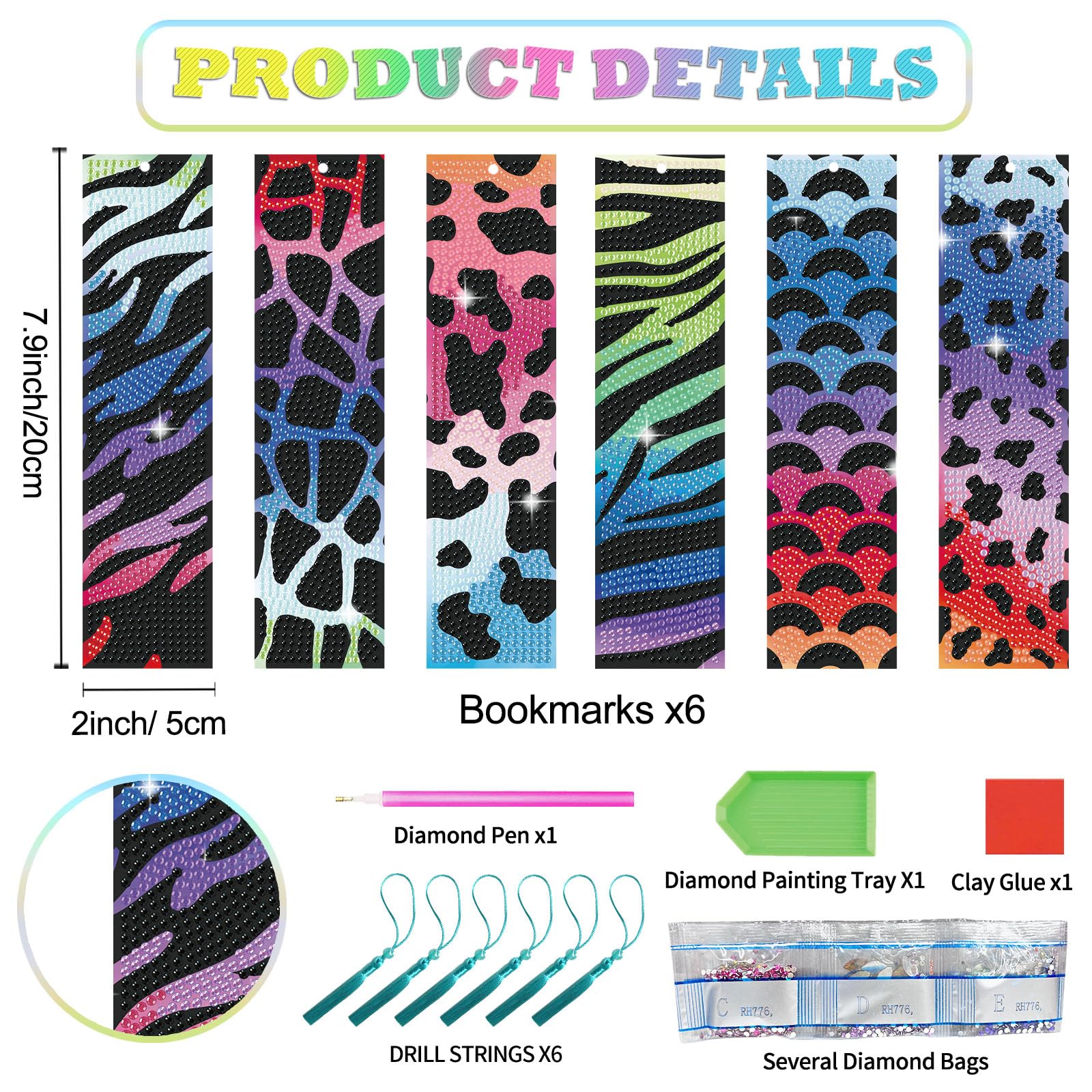 beinkmake 6PCS Animal Print Diamond Art Bookmark Kit for Adults DIY Diamond Art Craft Gift for Women Safari Leopard and Zebra Gem Painting Bookmark - Image 2