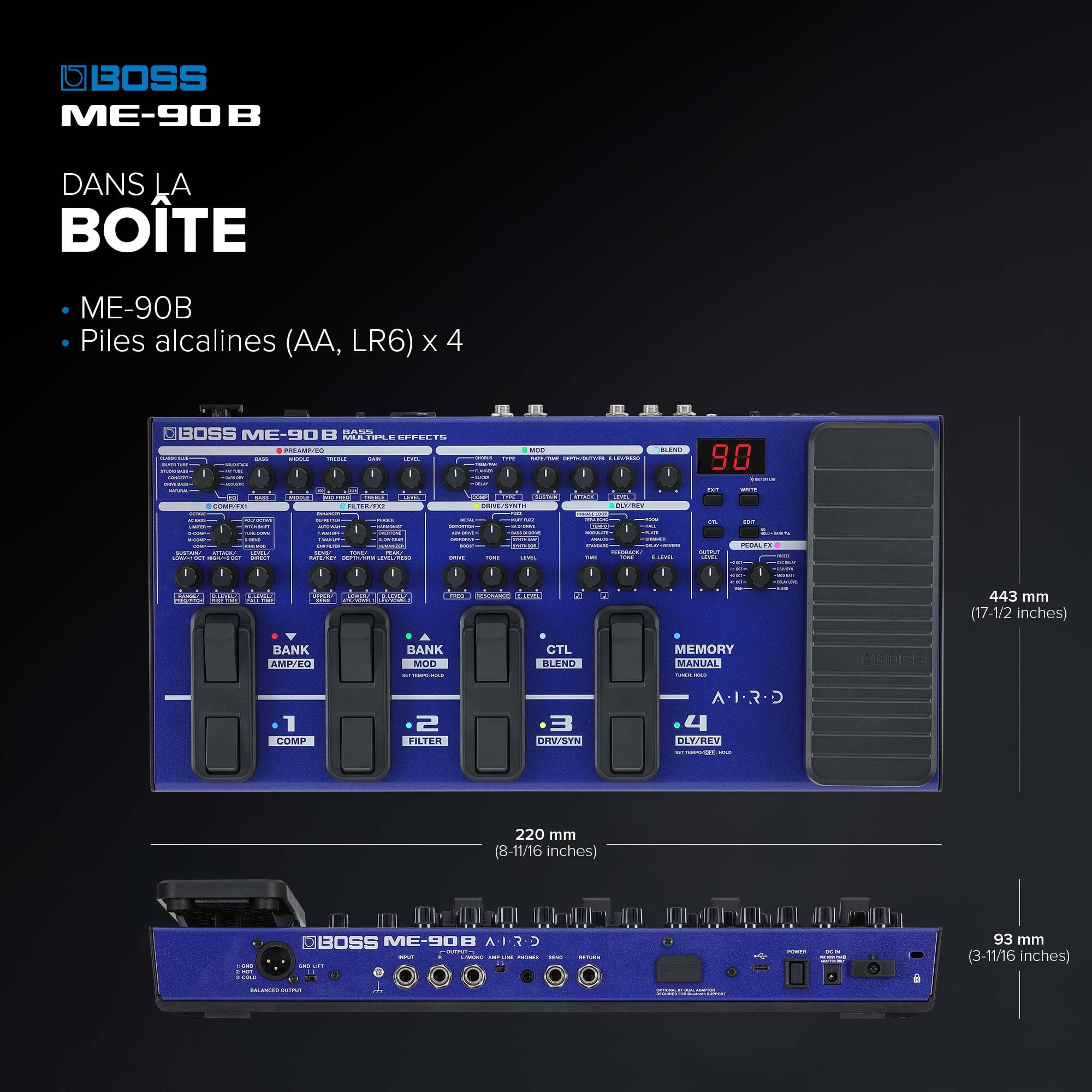 Multi-effet pour basse ME-90B BOSS | Processeur tout-en-un | 10 modélisations d'ampli AIRD intégrées | 61 effets pour basse signés BOSS