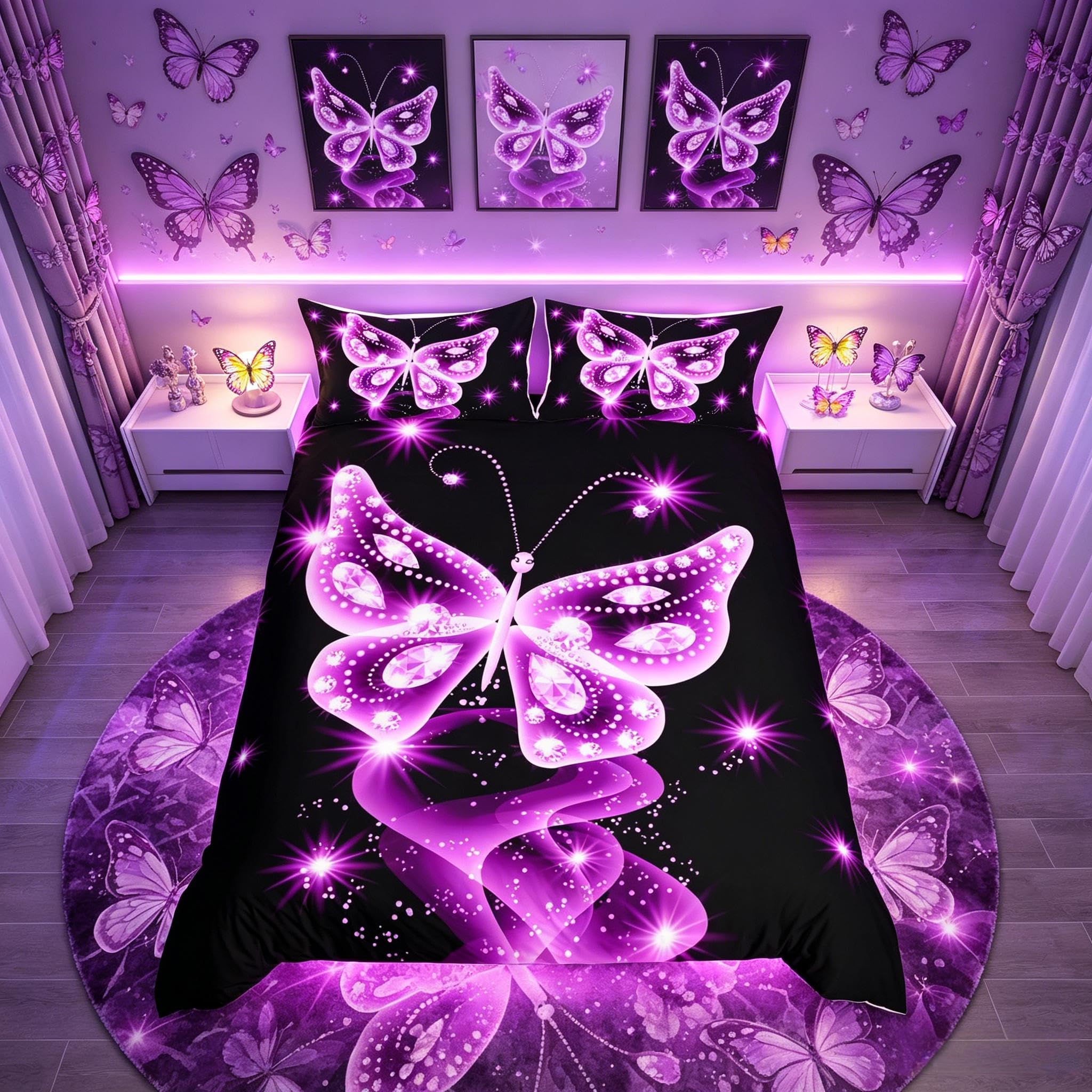 Loussiesd Butterfly Bedding Set Galaxy Bedclothes Cot Kids Boys Girls Teens Dreamy Diamond Feather Print Duvet Cover Set Sparkle Black Purple Decor Microfiber Bedclothes 2 Pieces — image 1
