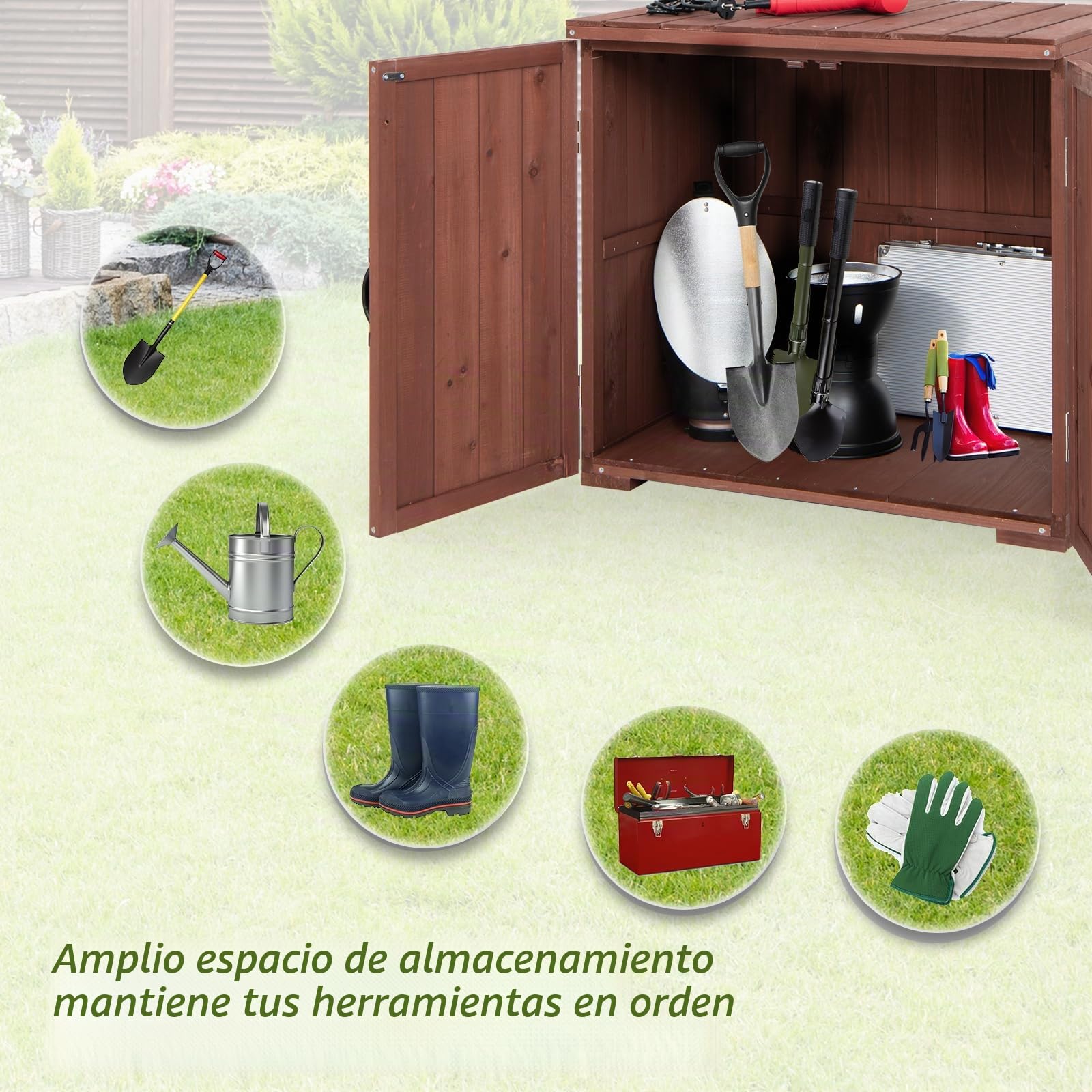 HOMASIS Cobertizo de Jardín de Madera de Abeto, Resistente a la Intemperie, con 2 Puertas Magnéticas y 2 Asas, Armario de Almacenamiento
