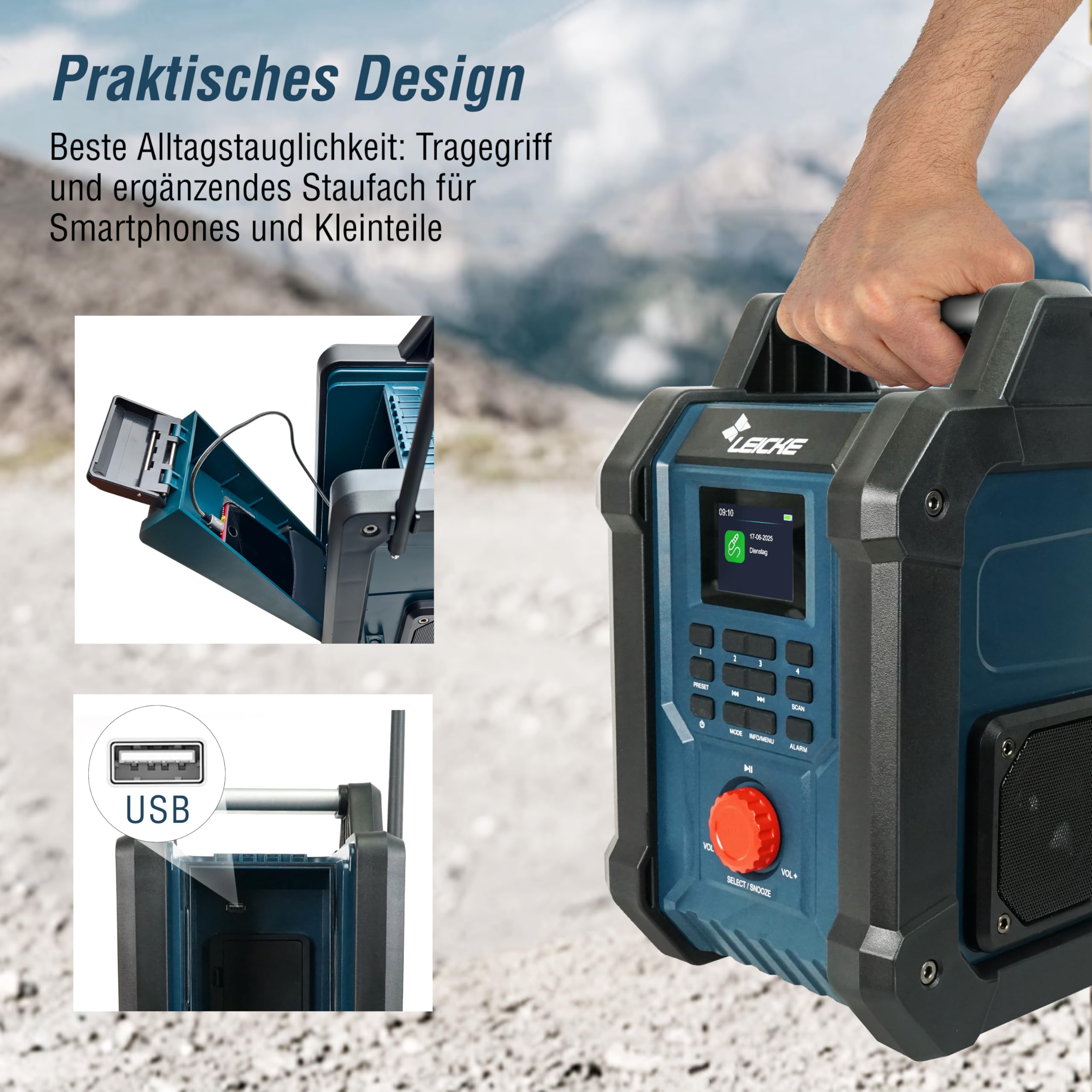 Baustellenradios - Digitales und Robustes Radio mit DAB+, FM, Bluetooth, AUX, 4000mAh Akku, 2 x 15W Lautsprechern und 2.4-Zoll LCD Display