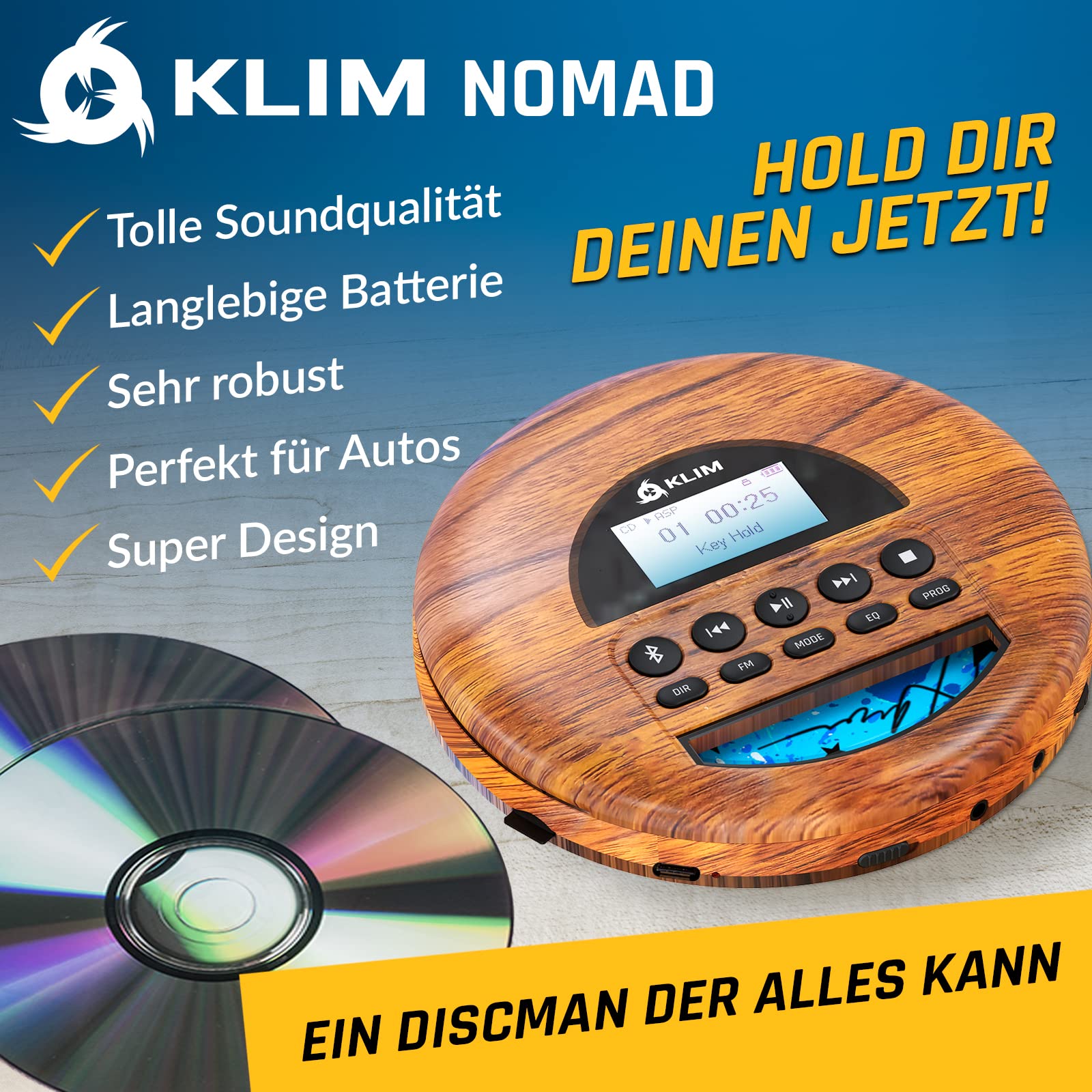 KLIM Nomad Wood – Neuheit – tragbarer CD-Player – integrierter Akku mit langer Lebensdauer – Kopfhörer KLIM Fusion, MP3, TF-Player, tragbares Mini-Radio, Bluetooth – für das Auto
