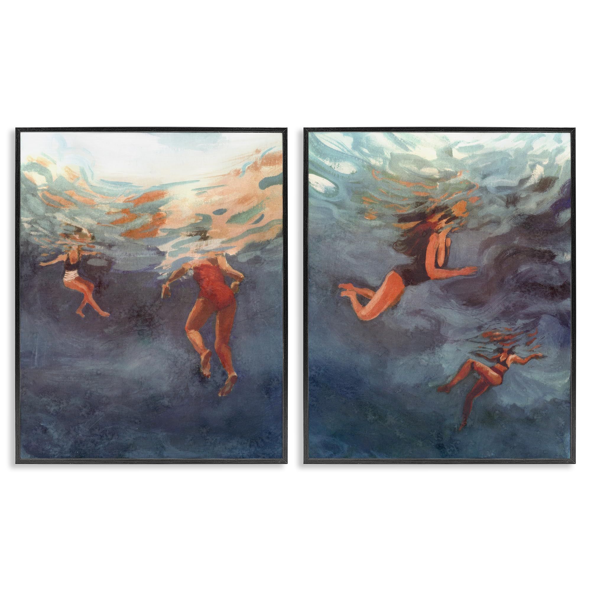 Nautical Swimmers Summer Motion, 16 x 20 Inch Framed Giclée Print Set