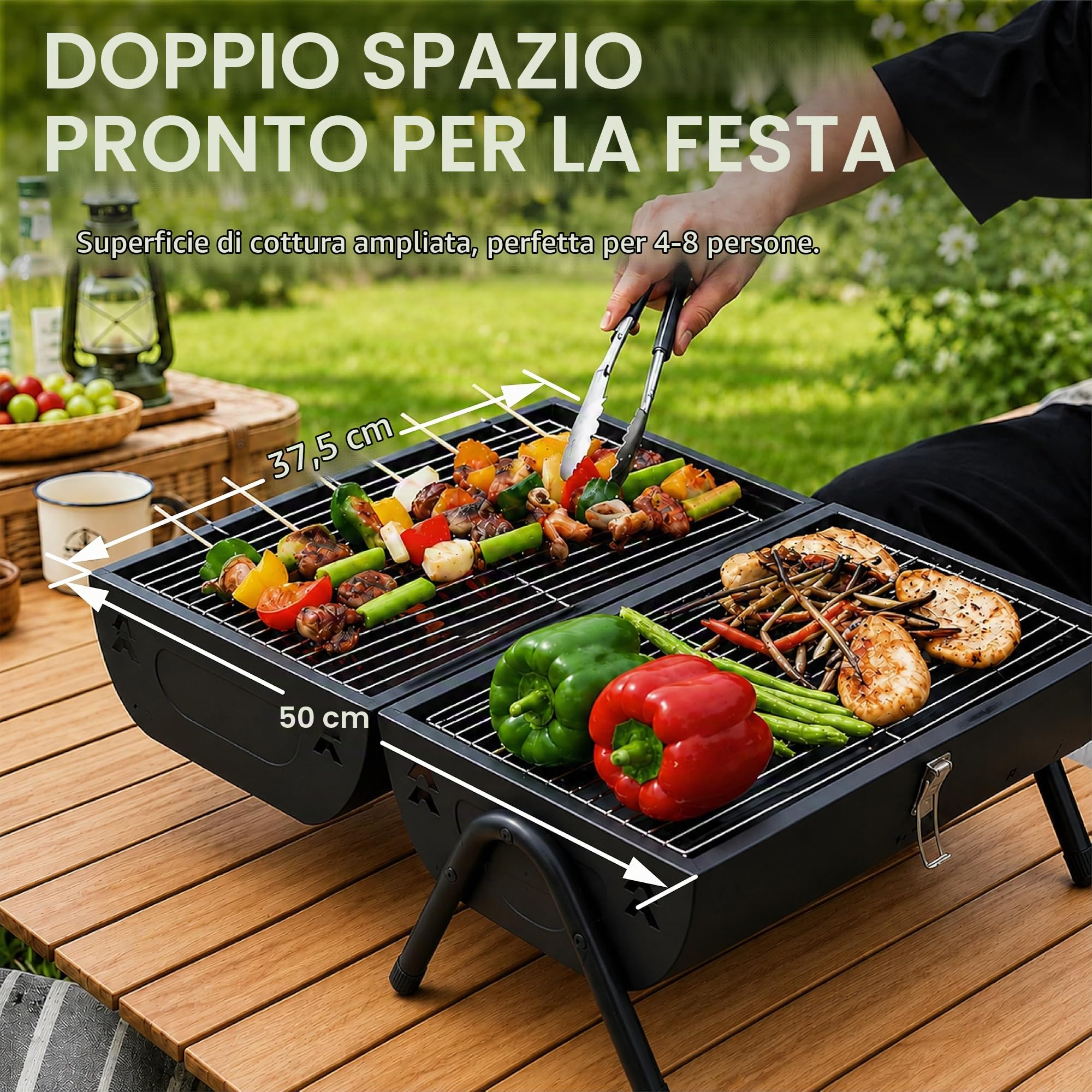 Barbecue a carbonella con doppia superficie di cottura, 37,5 x 25,5 cm, portatile, per esterni, in acciaio, con coperchio, camino e manico in legno, per giardino, terrazza, campeggio e picnic