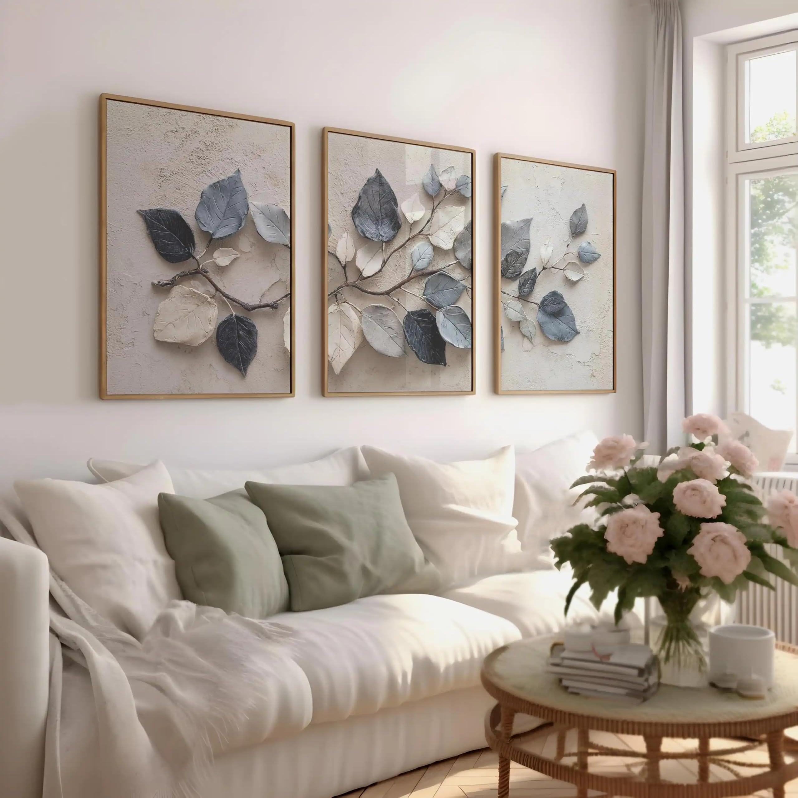 GOSRD Wabi Sabi Neutral Leaf Canvas Prints Wall Art Japandi Blue Grey Botanical Minimalist Living Room Bedroom Home Decor(60x85cm-3Pcs)