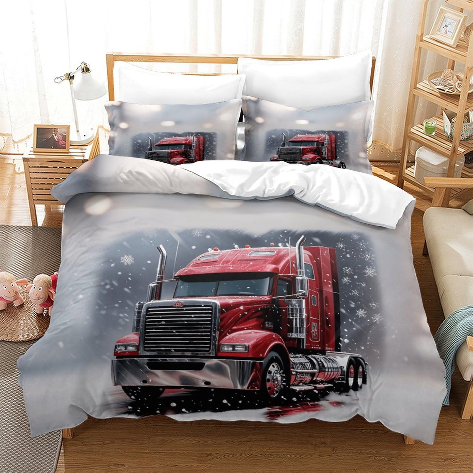 XiaopangXY Lorry Duvet Cover Set Soft Microfiber Bedding Set Breathable Truck Quilt Cover with Hidden Zipper Closure,3D Printed Comforter Cover King（220x240cm）