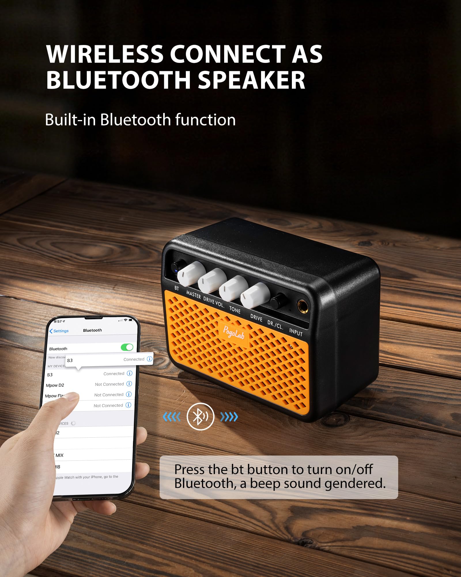 POGOLAB 5W Mini Amplificateur de Guitare Électrique, Bluetooth Sans Fil Avec Prise Casque, Canal CLEAN/OVERDRIVE, Combo Rechargeable Pour Acoustique, Orange