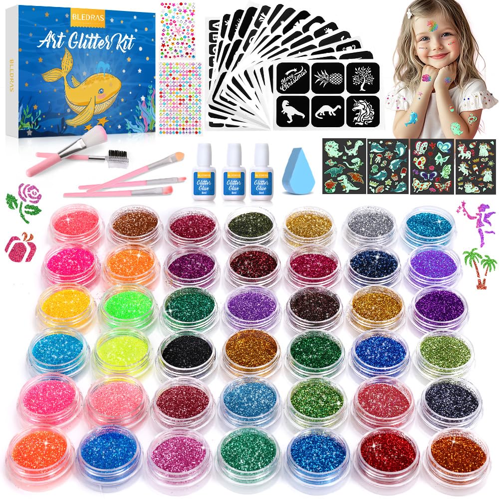 Temporary Glitter Tattoo Kids, Bledras 42 Glitter Colors Glitter Tattoo Kit,210 Unique Stencils,3 Glue,5 Brushes,6 Stickers, Glitter Tattoos for Kids,