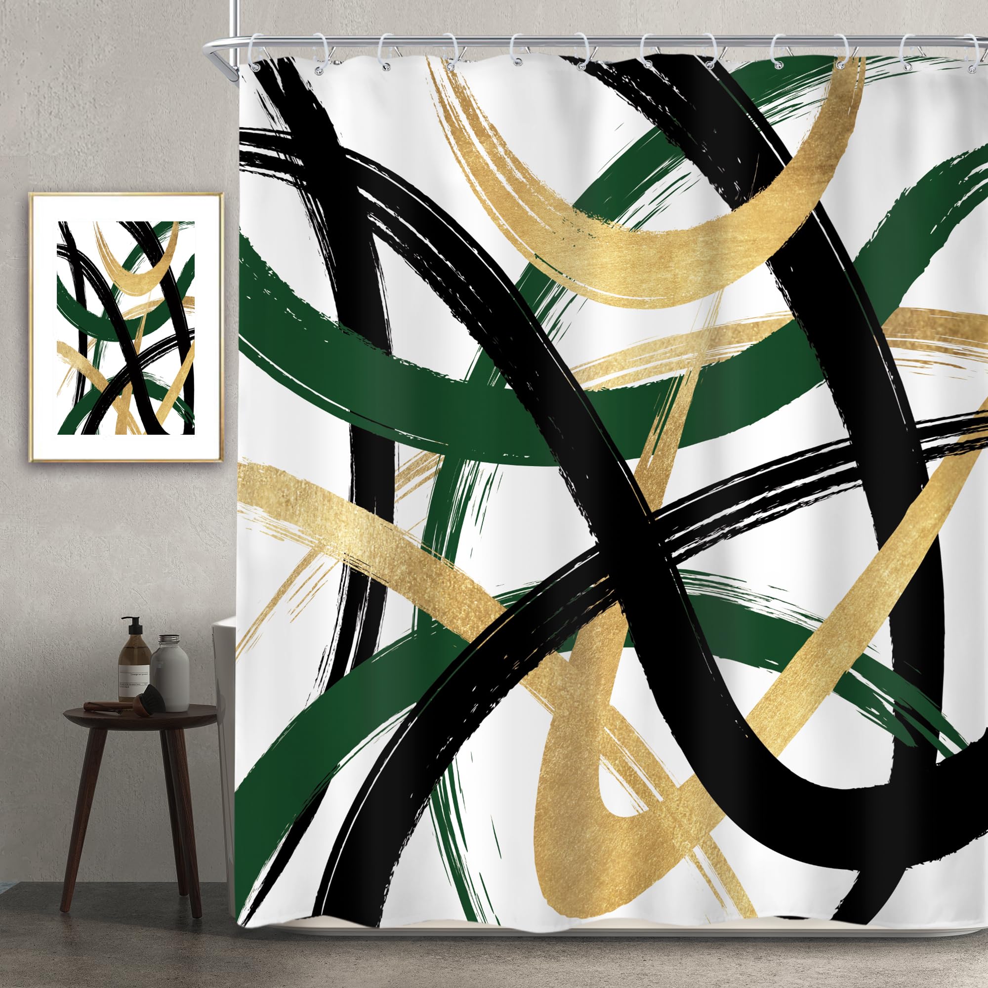 Newsely Black White Gold Abstract Shower Curtain 60Wx72L Inch Modern Teal Green Line Art Minimalist Simple Sketch Cool Unique Contemporary Bathroom