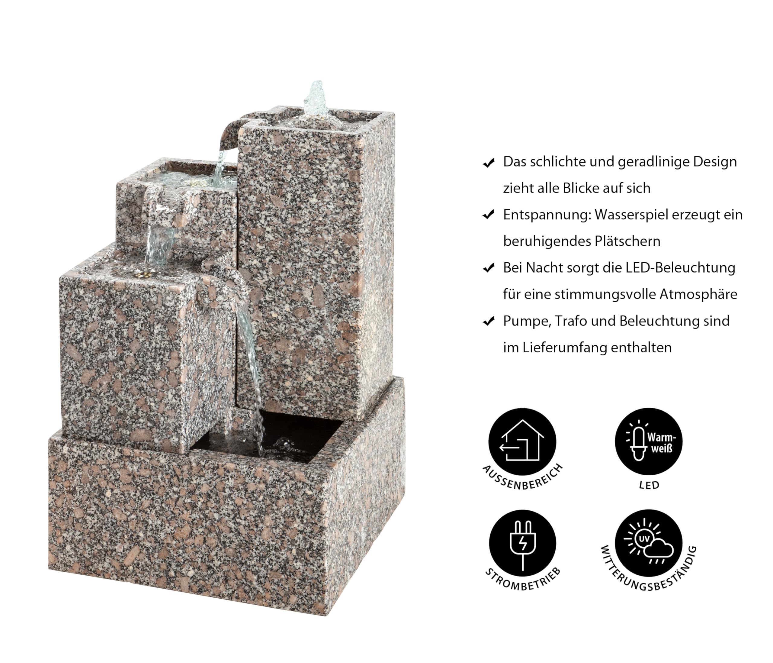 Dehner Gartenbrunnen Cascada mit LED Beleuchtung, ca. 65 x 43 x 43 cm, Granit, grau