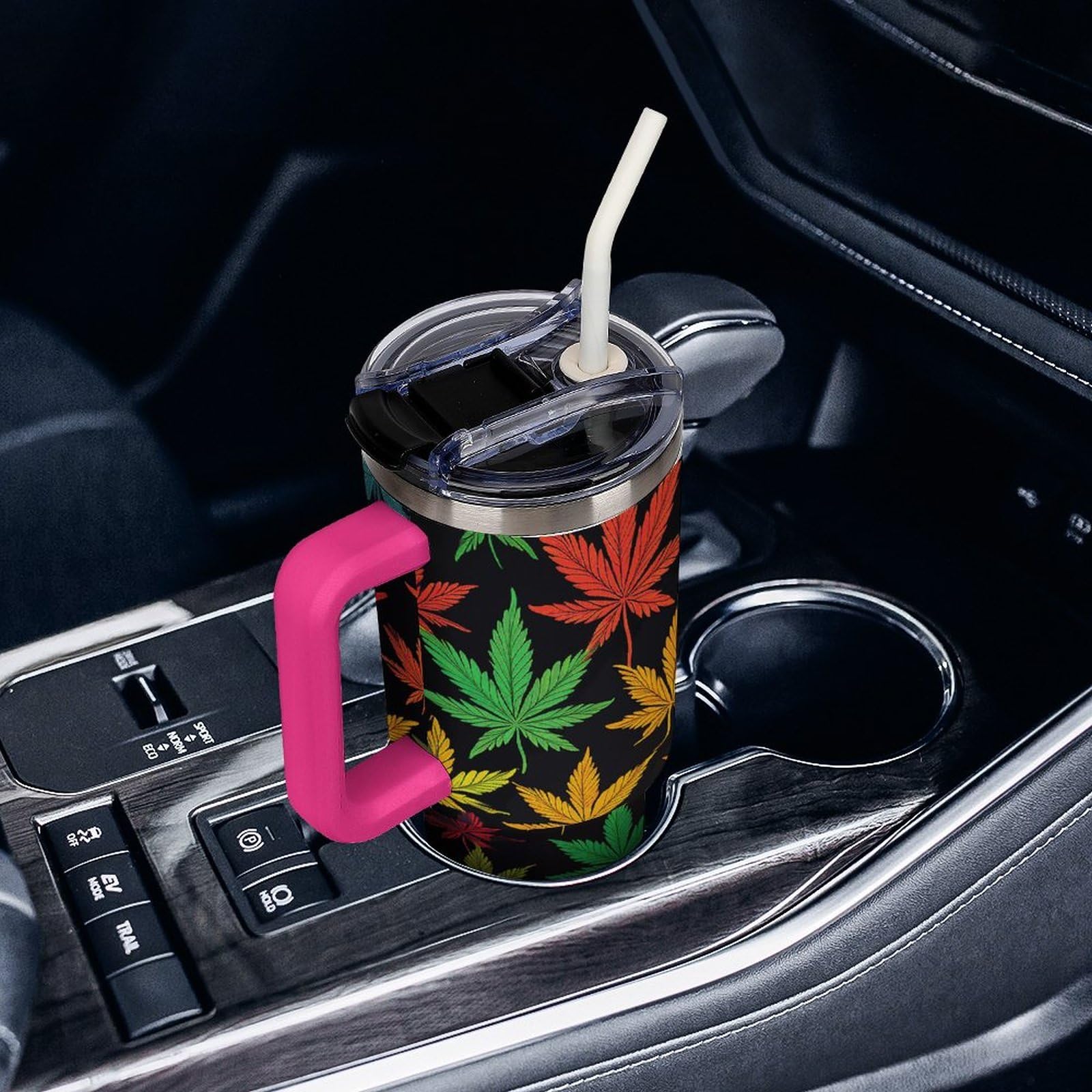 Autobecher aus 304 Edelstahl, bunt, mit Strohhalm und auslaufsicherem Deckel, großes Fassungsvermögen, vakuumisolierter Reisebecher für Auto-Becherhalter, 1,2 l