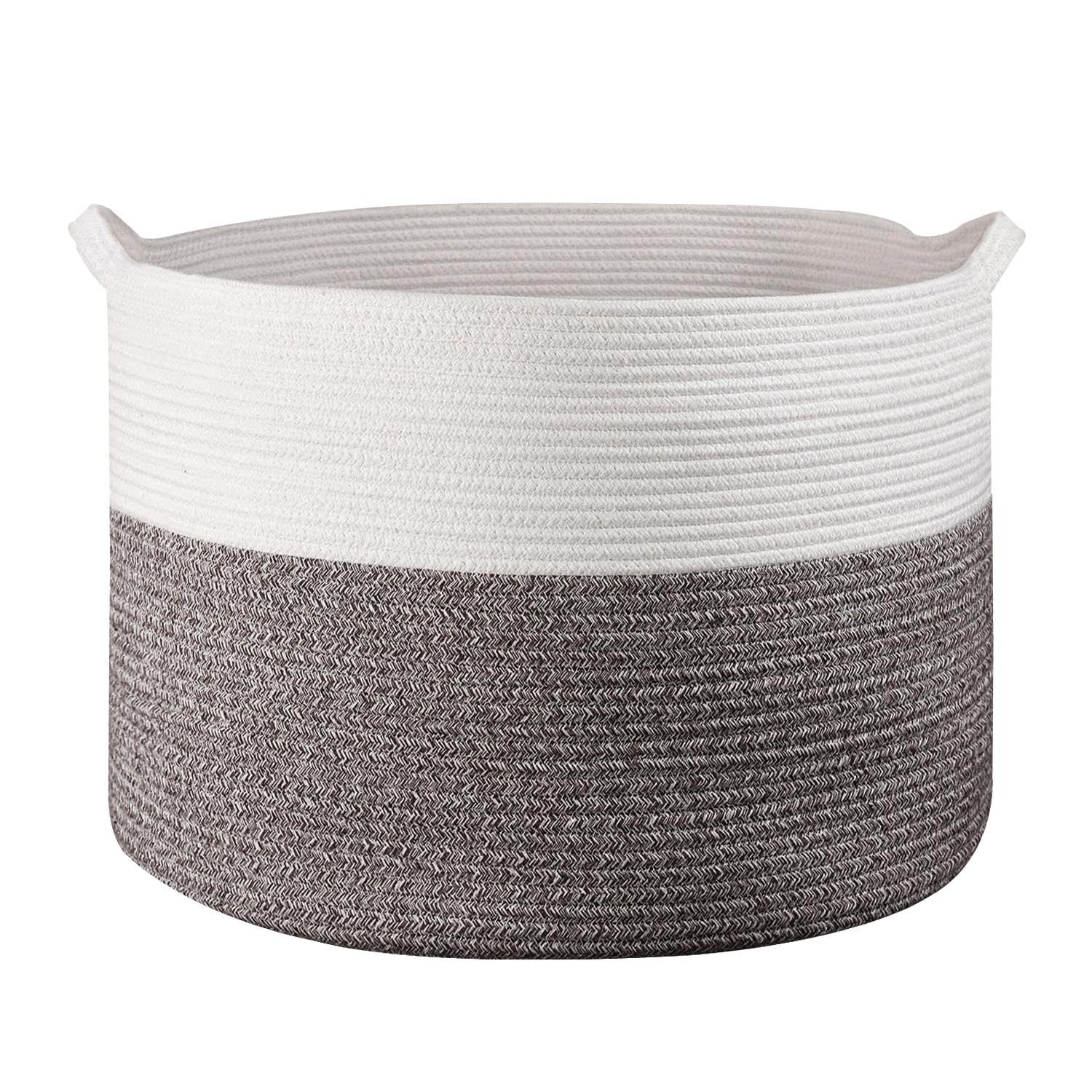 Vinsani Laundry Basket Natural Cotton Hand-Woven Rope Hamper Two Tone Scandinavian Home Décor Minimalist Aesthetic Storage For Clothes Baby Toys Nursery Bathroom and Bedroom Use – White & Natural