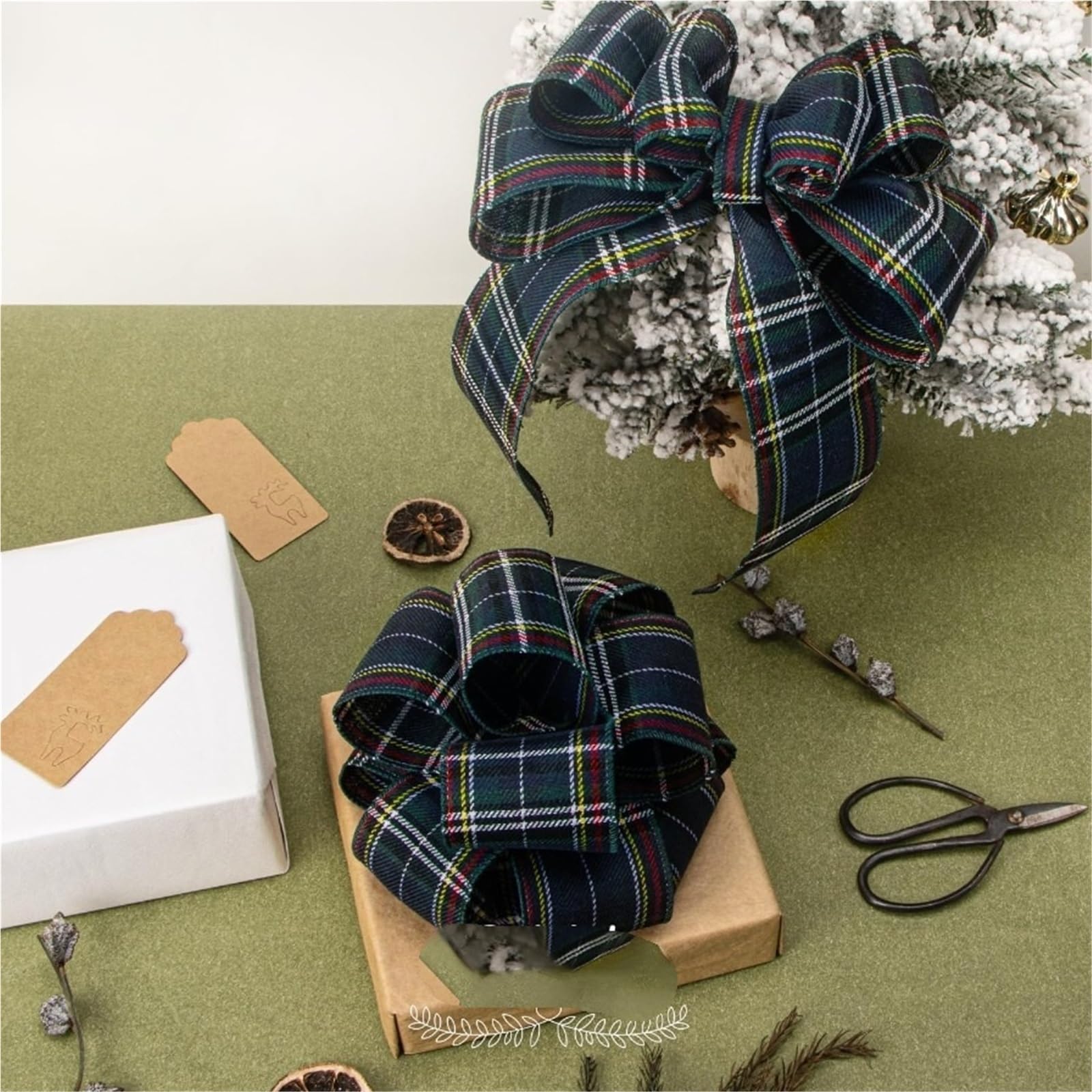 Cinta de alambre de cuadros navideños, 2.5 pulgadas x 10 yardas cinta verde para envolver regalos, grandes lazos y coronas