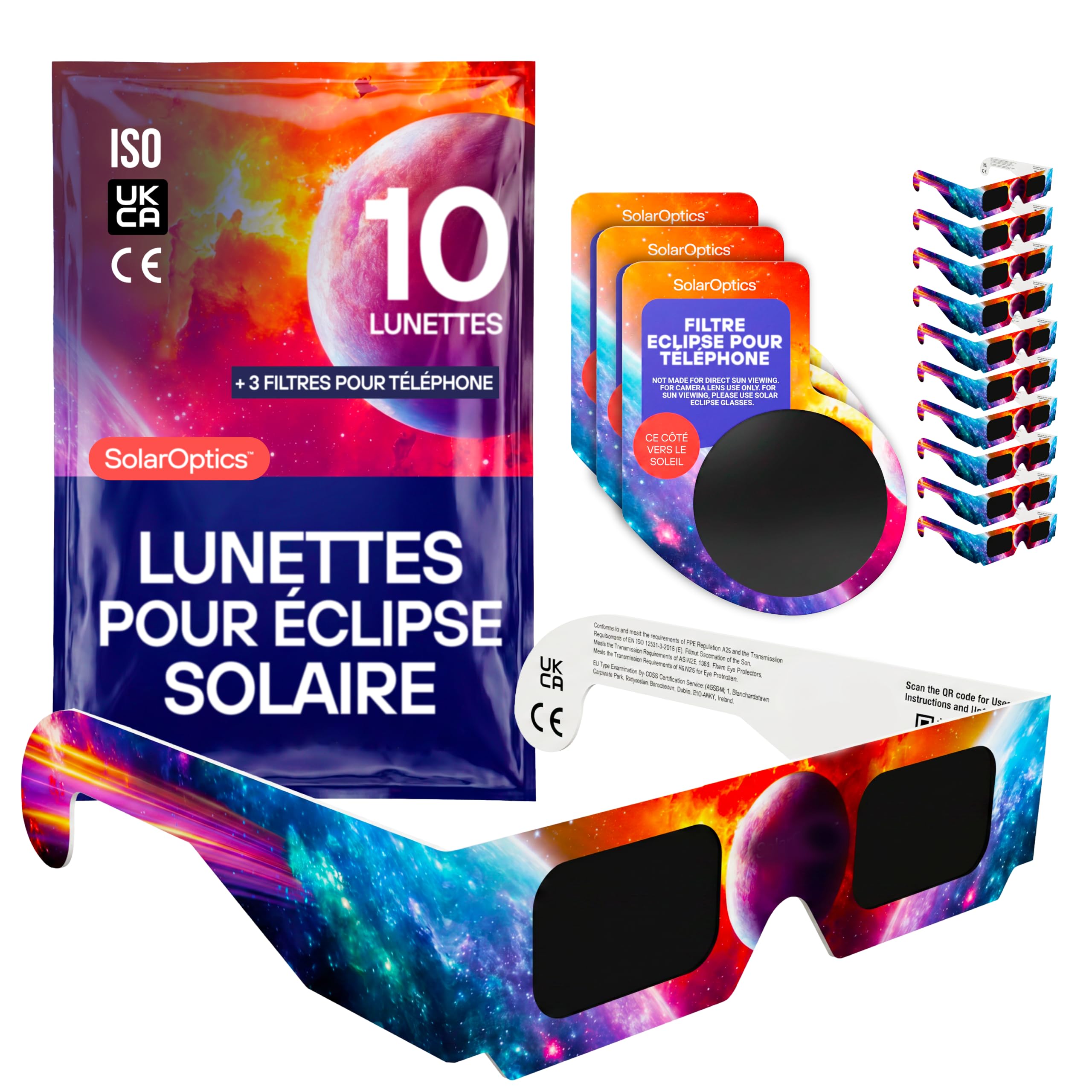 Solar Optics Lunettes Éclipse Solaire 10 Pack avec 3 Filtres Smartphone – Certifiées ISO 12312-2 et CE Kit Complet pour Observer et Photographier l’Éclipse AAS 2026