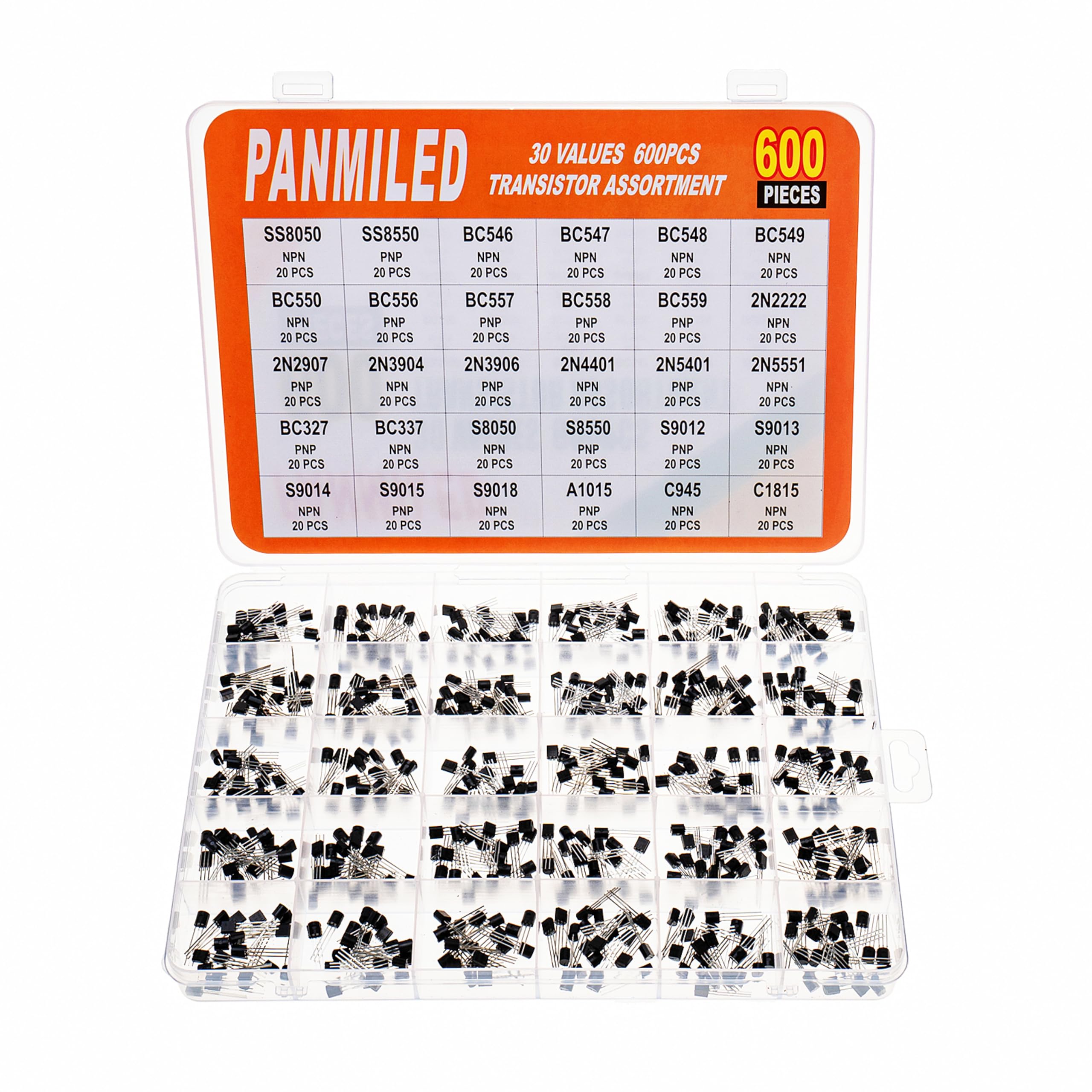 PANMILED 30 Values 600 Pieces Transistor Assortment Kit 2N2222 2N2907 2N3904 2N3906 2N5401 2N5551 S8050 S8550 S9012 S9013 S9014 S9015 A1015 C1815 C945