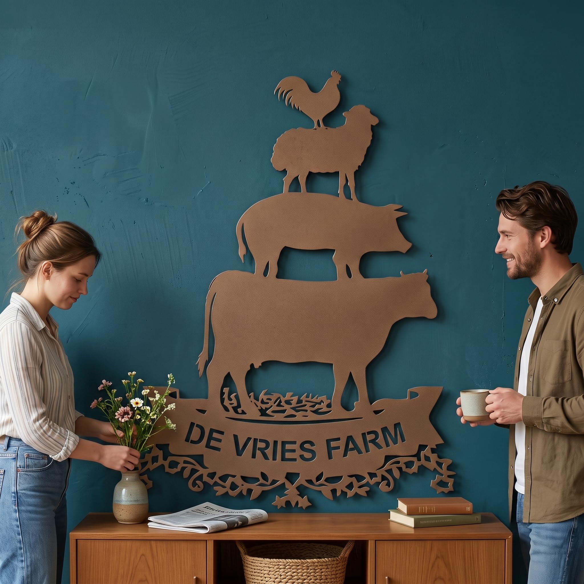 Arte de pared de metal personalizado con diseño de animales de granja, letrero de nombre de granja personalizado, decoración rústica de vaca, cerdo, oveja, gallo
