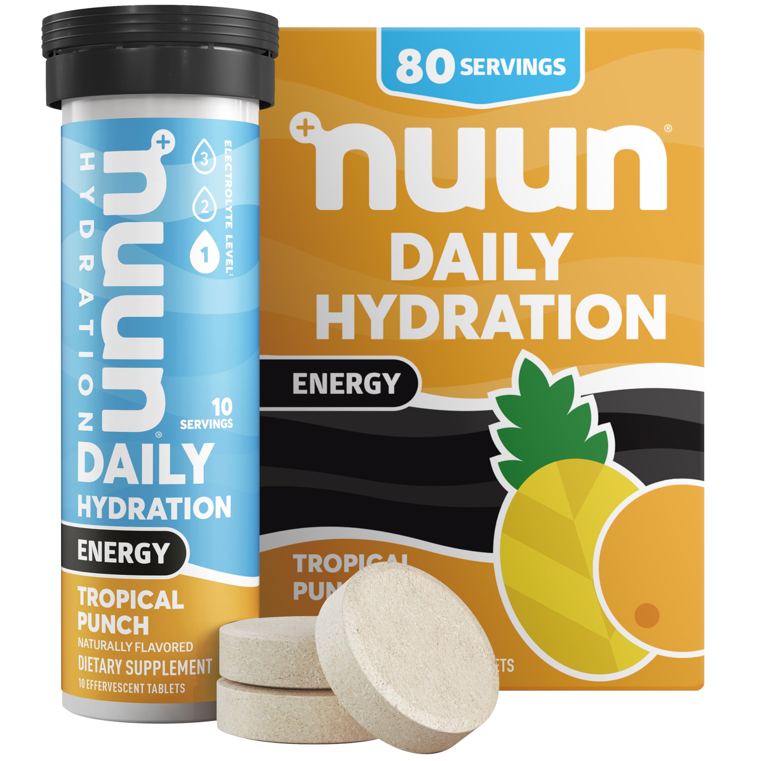 Nuun Hydration Energy Electrolyte Tablets with Caffeine, B Vitamins and Ginseng, Tropical Punch, 5 Essential Electrolytes for Hydration, Vegan, Non-GMO, 8 Pack (80 Servings) Tropical Punch 10 Count (Pack of 8)