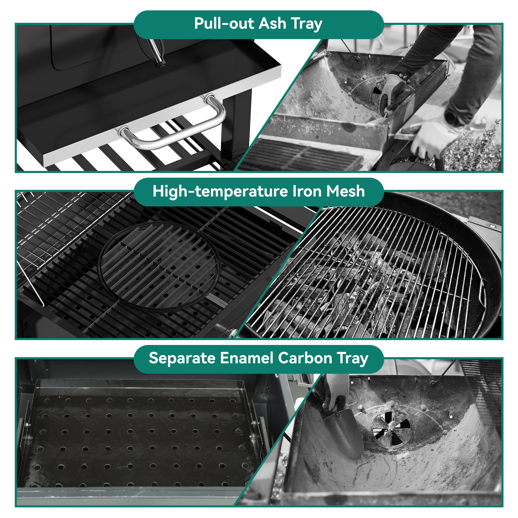Grill węglowy, wytrzymały, z rusztem żeliwnym i regulowaną tacą na węgiel, przenośny, do ogrodu, na kemping, imprezy na świeżym powietrzu, zawiera żaroodporne rękawice i szczypce do grilla