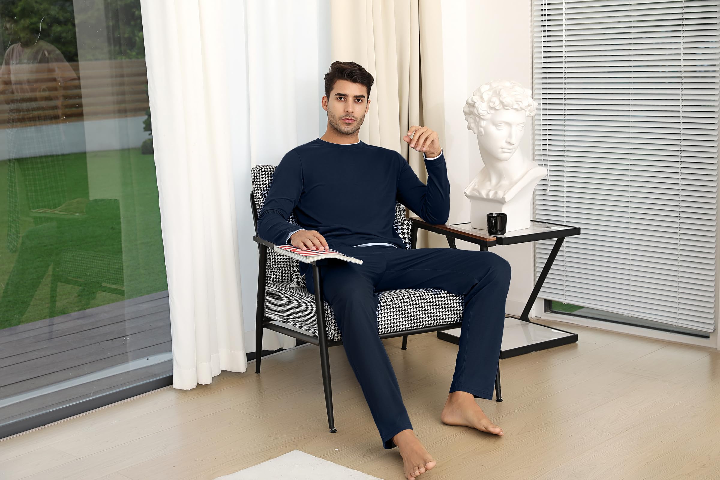 Aseniza Pigiama da Uomo Invernale, Pigiama a Maniche Lunghe in Cotone Semplice ed Elegante Pigiama Morbido Loungewear