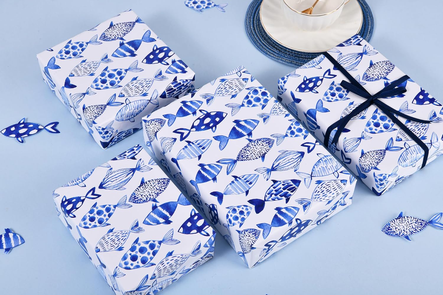 Sikiweiter Blue Fish Wrapping Paper - 17" x 33 Feet - Watercolor Marine Ocean Sea Life Print Gift Wrap image 2