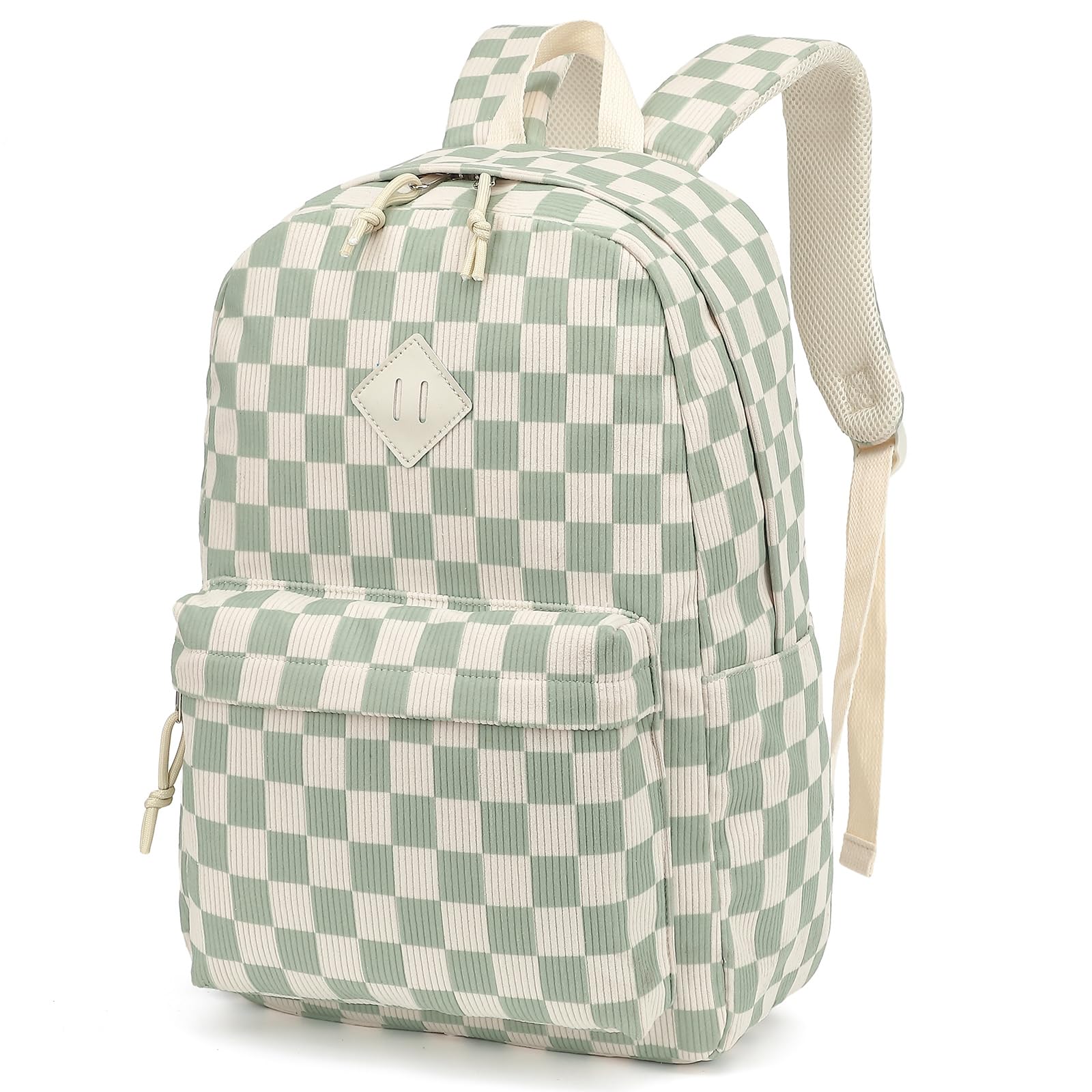 Dezcrab Corduroy Girls School Backpack - Teen Bookbags Kids Elementary Middle School Bookbags Women Travel Daypack (Checkered Green)