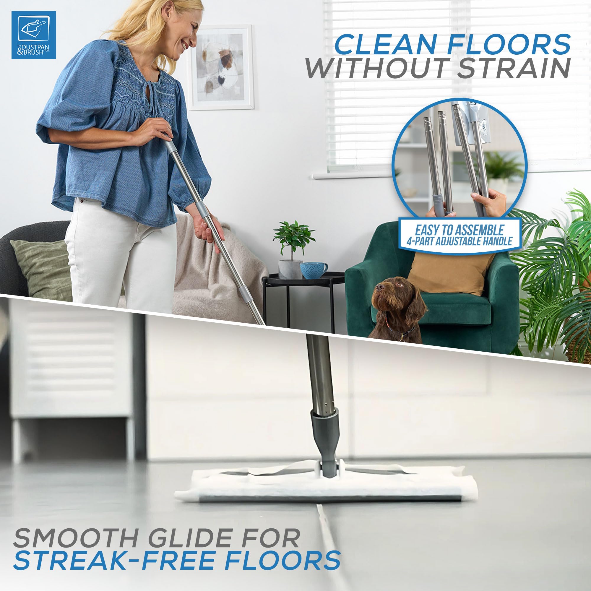 Balai électrostatique Plat Réutilisable - Pour Sols Durs, Carrelage, Parquet - Lavable, Clip Amovible, Manche Réglable - Nettoyage Sec Et Humide