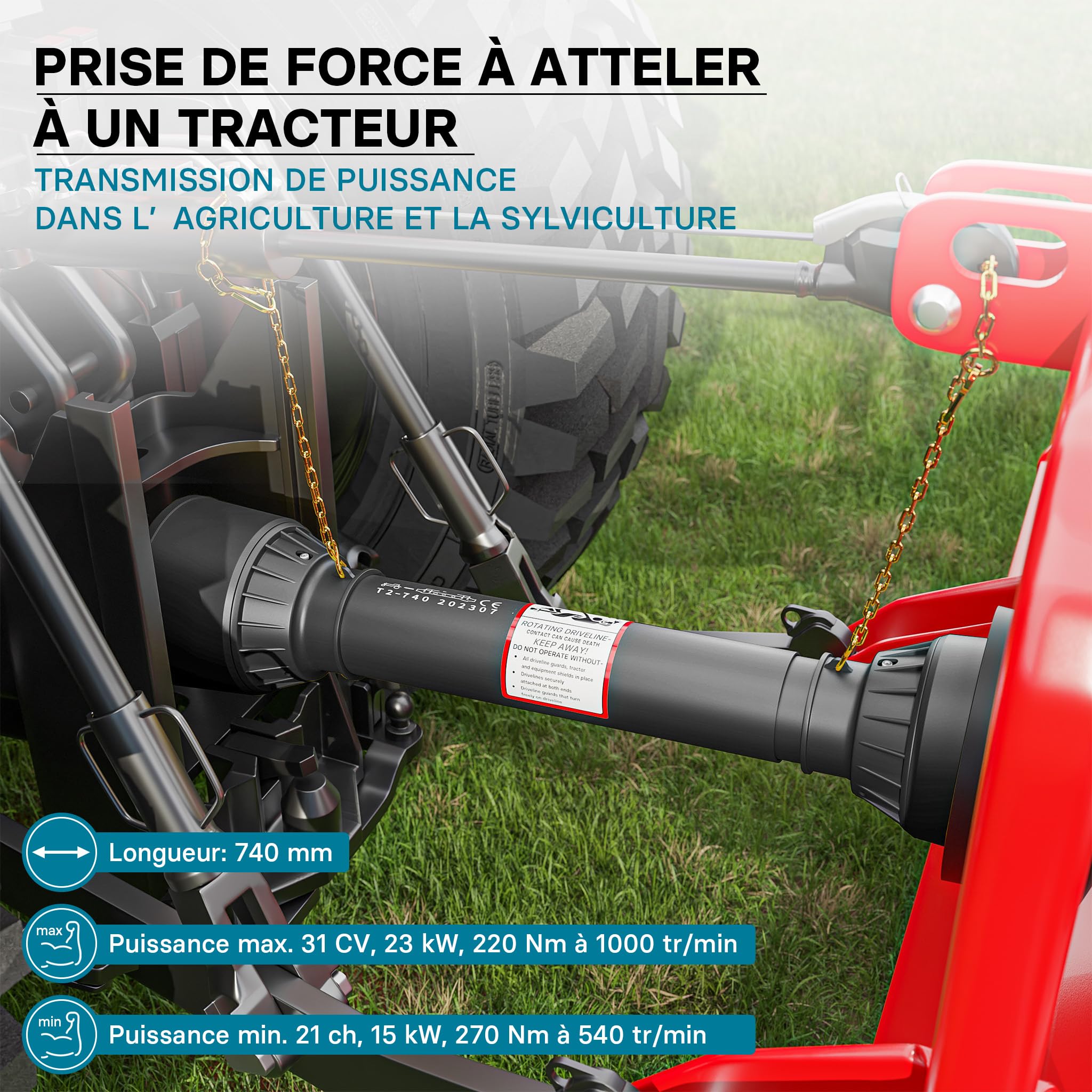 WilTec Arbre de Transmission T2 Cardan 740-960mm 270Nm 540tr/min, Prise de Force, 23kW (31CV), 2X 1 3/8" 6D - 2