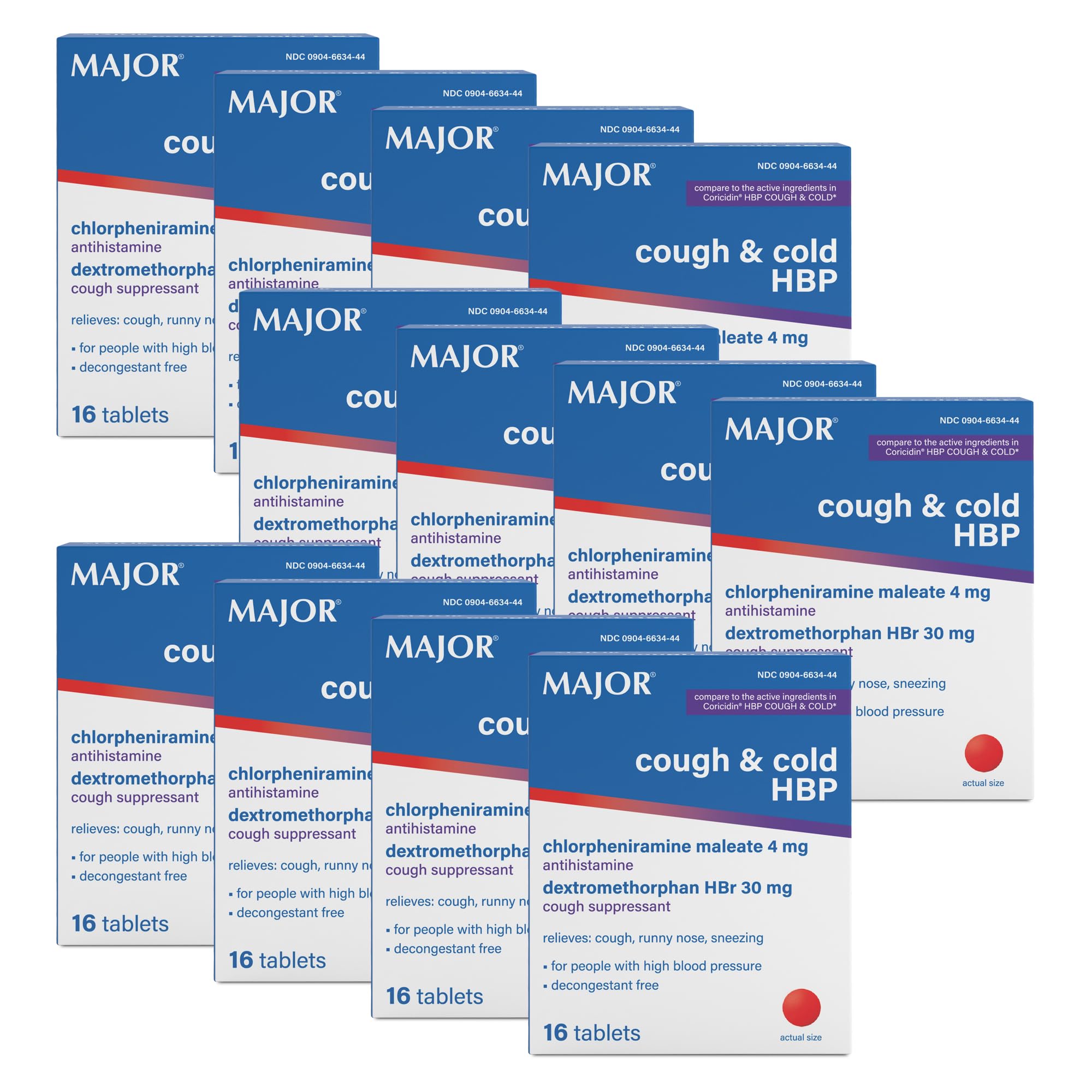 MAJOR Cough and Cold HBP Tablets, Decongestant Free, 16 Count, (12-Pack)